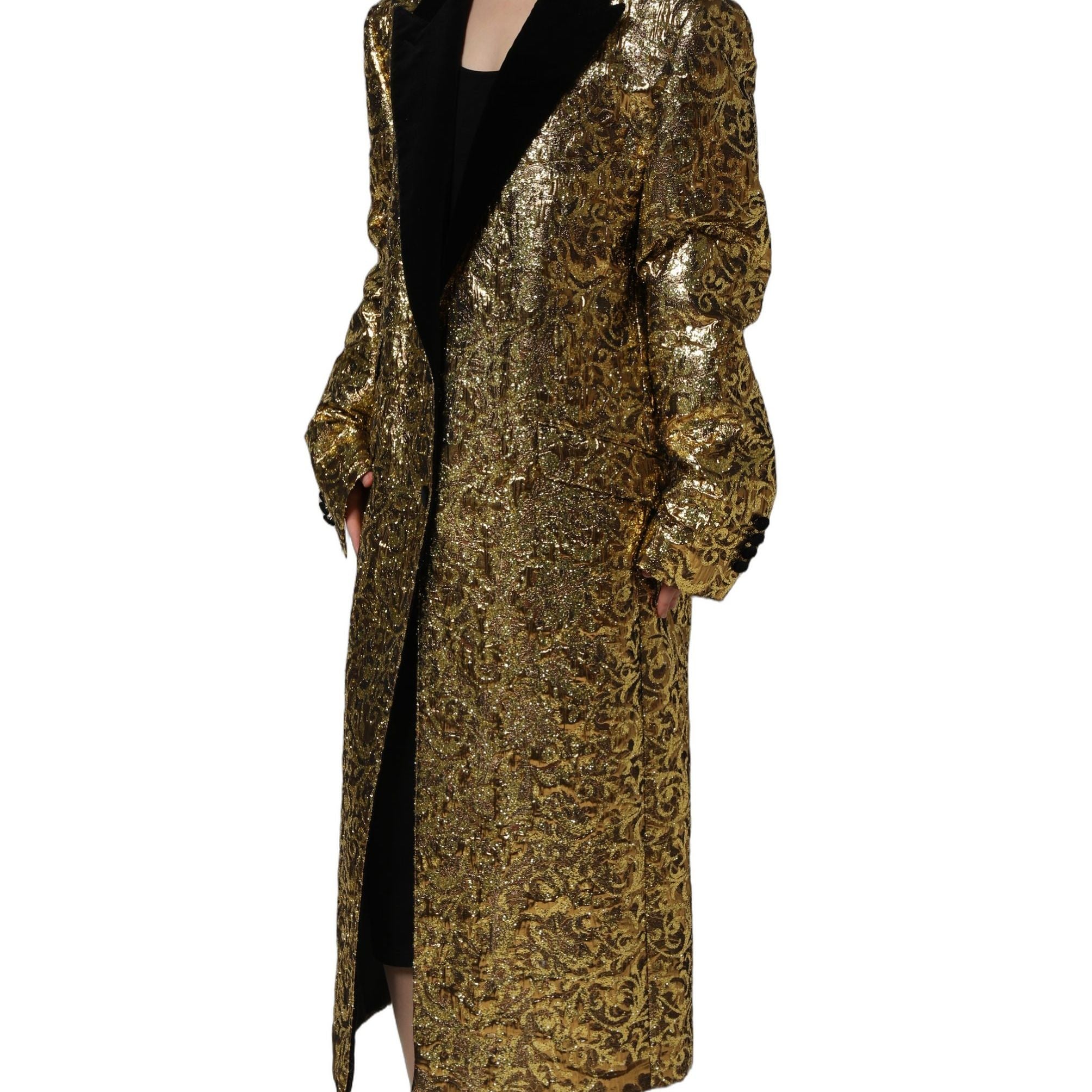 Dolce & Gabbana Gold Floral Jacquard Wool Trench Coat Jacket