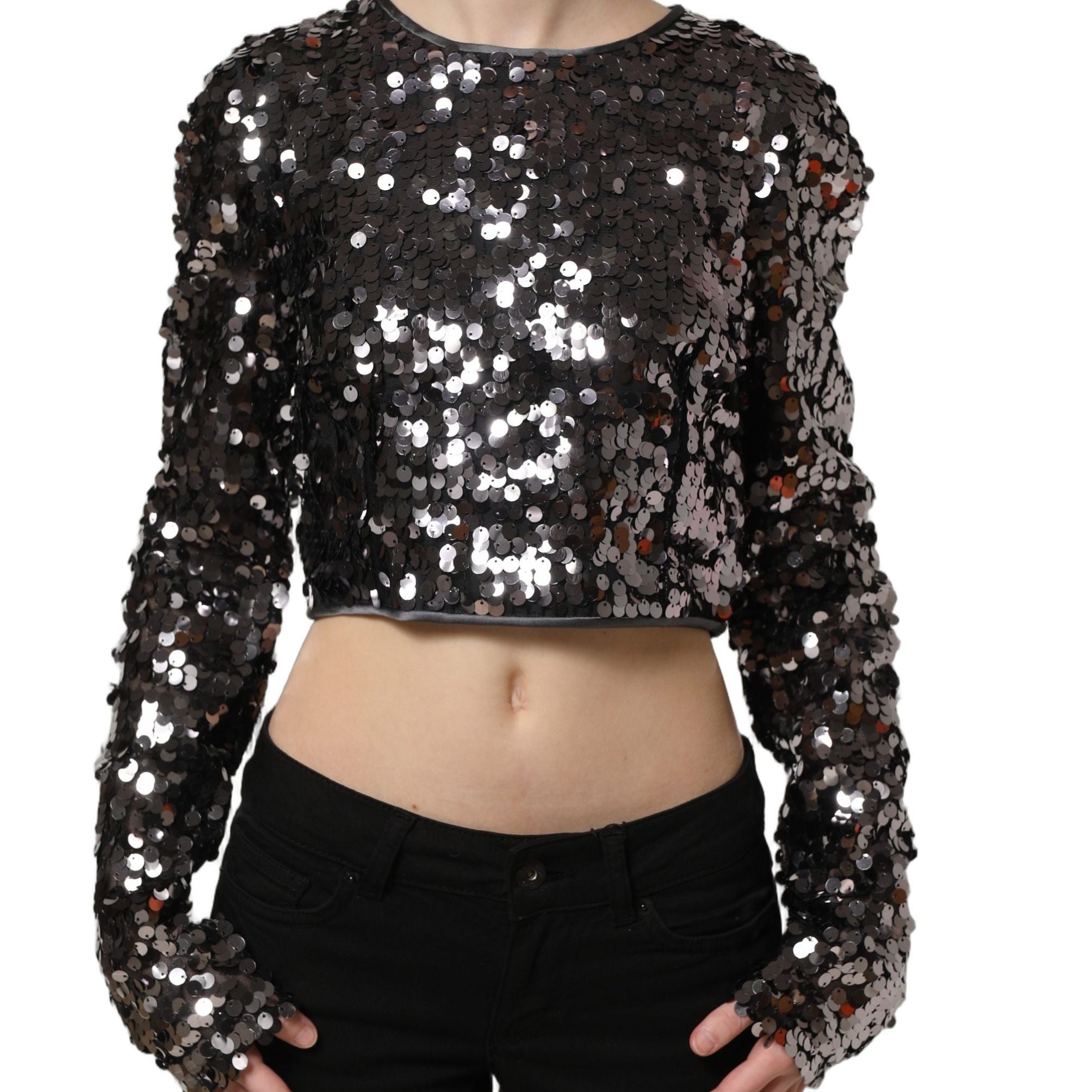 Dolce & Gabbana Black Sequined Long Sleeves Crop Blouse Top