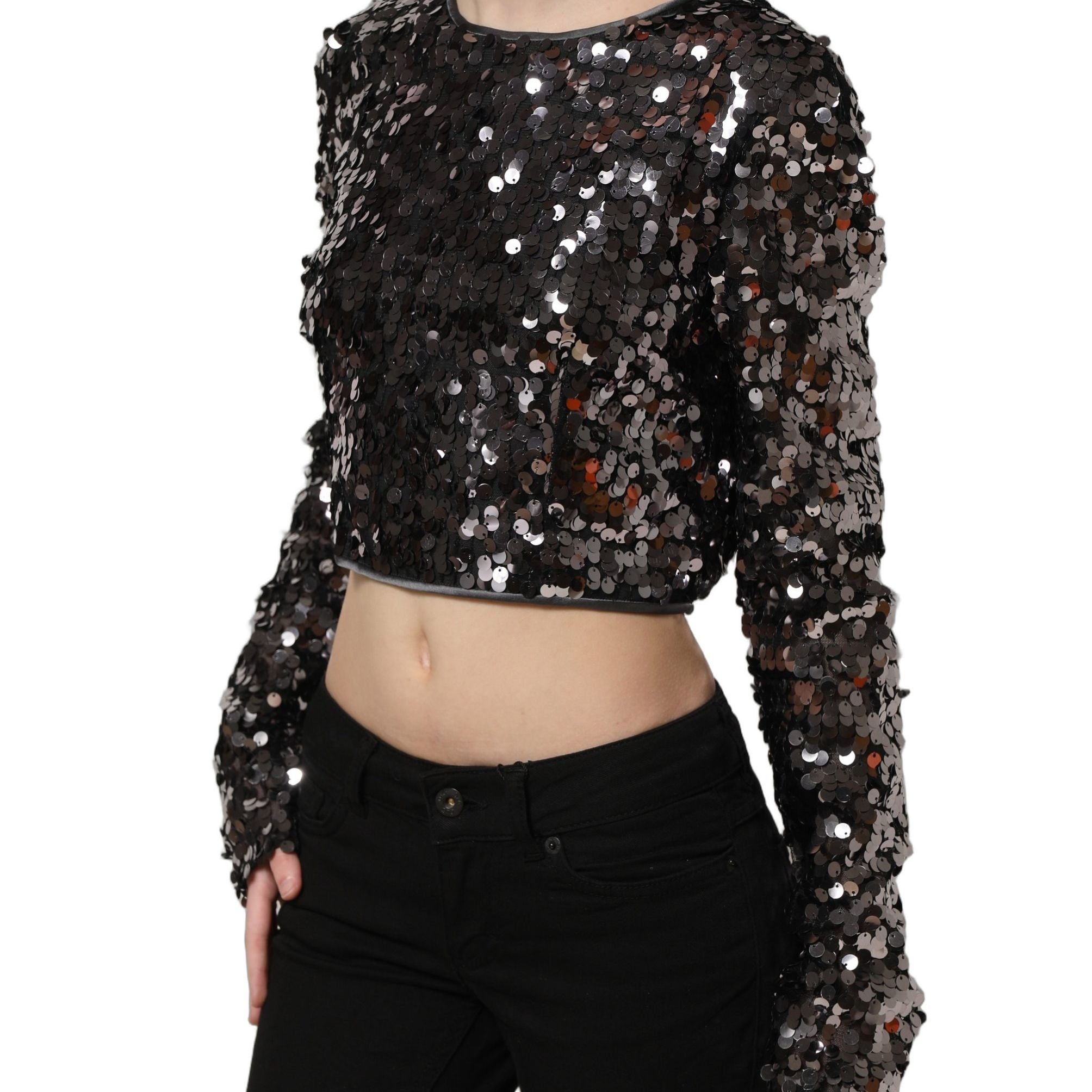 Dolce & Gabbana Black Sequined Long Sleeves Crop Blouse Top