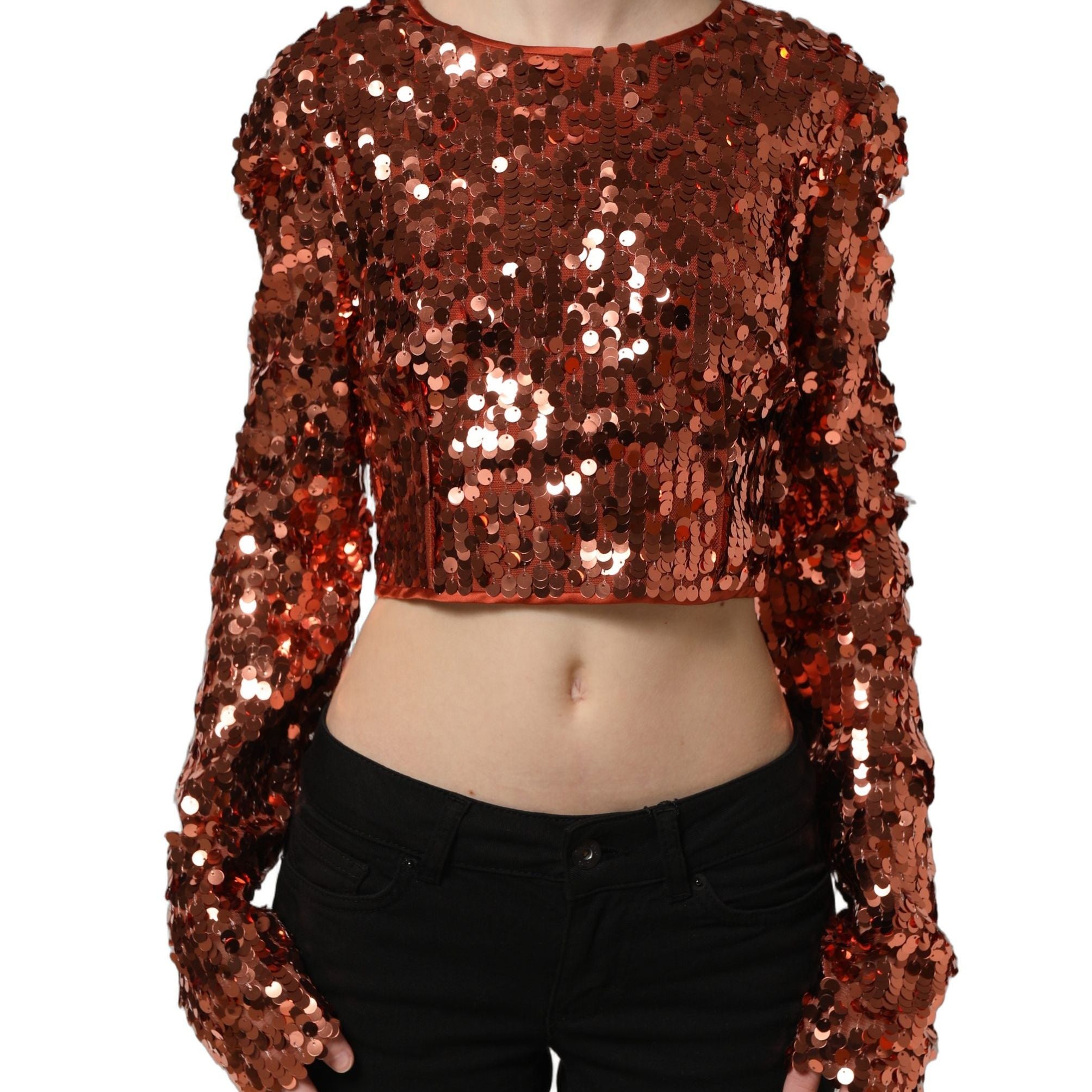 Dolce & Gabbana Red Sequined Long Sleeves Crop Blouse Top