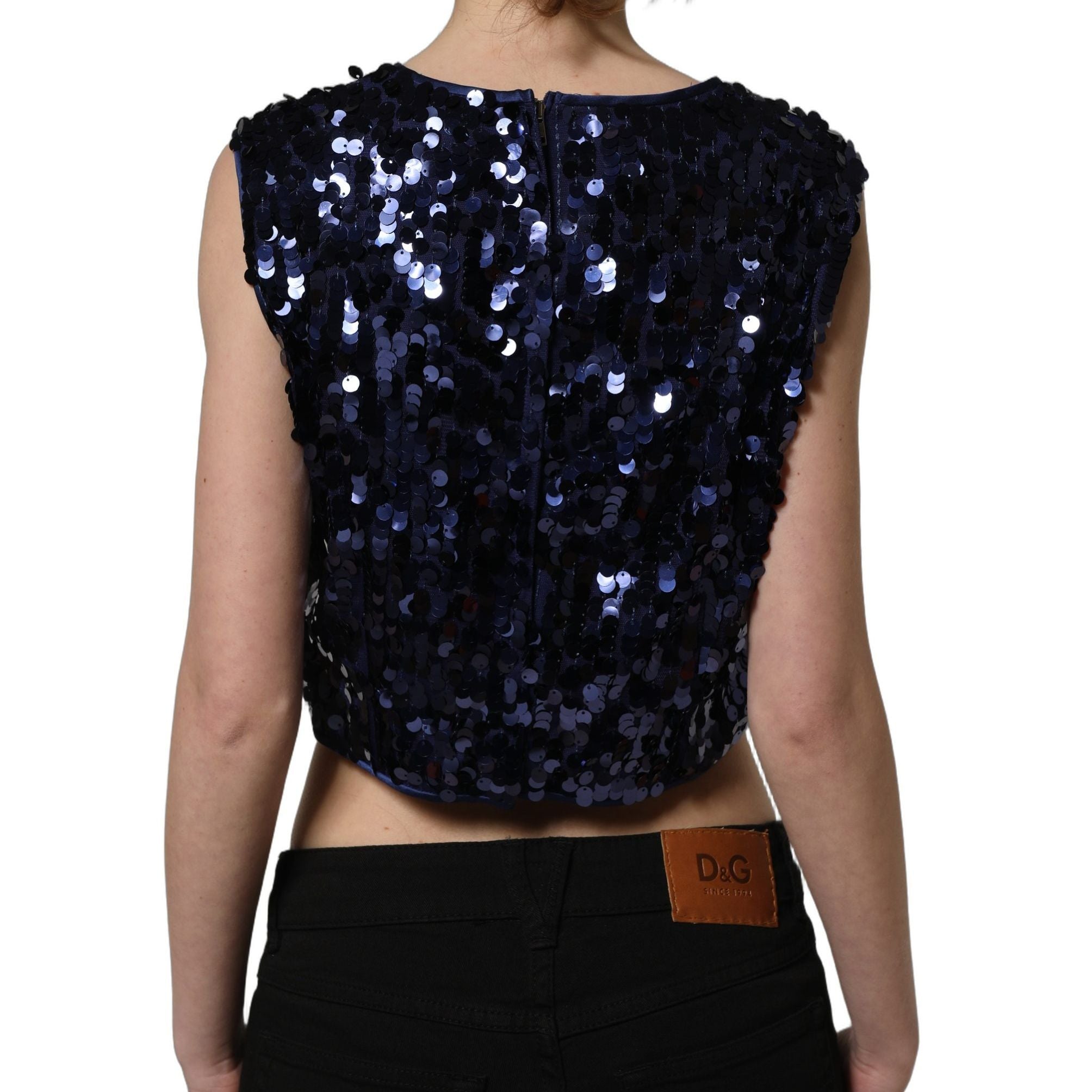 Dolce & Gabbana Blue Sequined Sleeveless Cropped Tank Top
