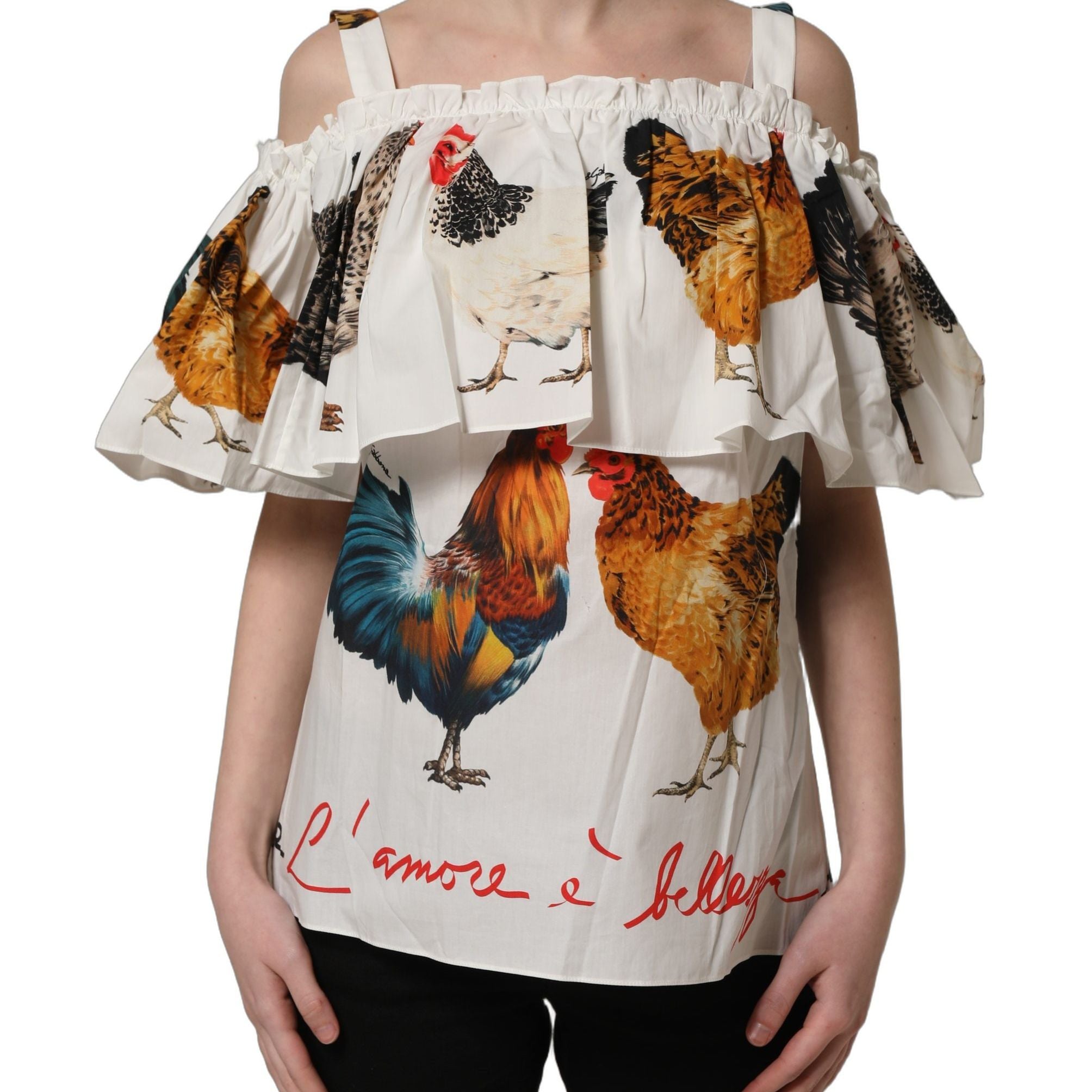 Dolce & Gabbana White Rooster Print Poplin Off The Shoulder Top