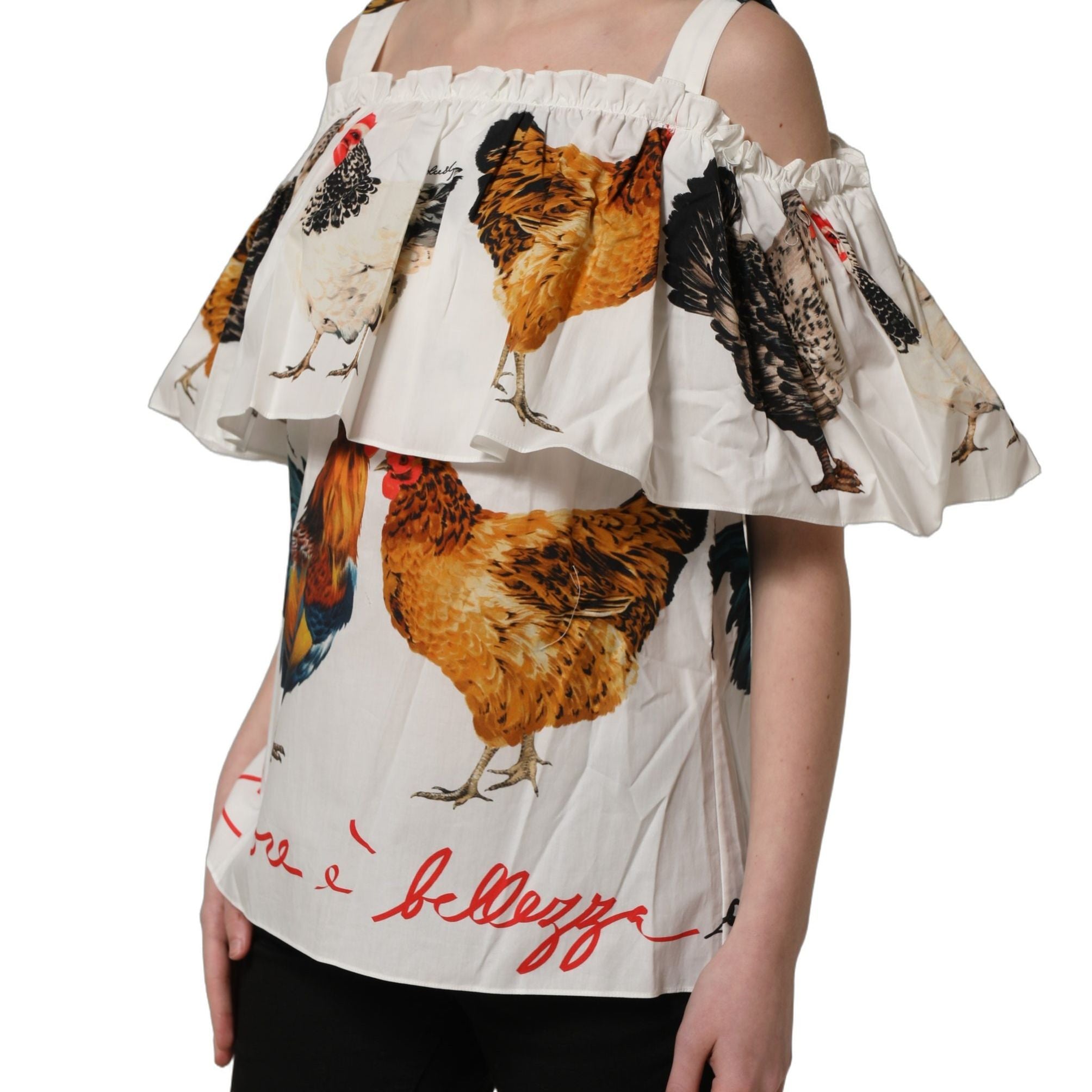 Dolce & Gabbana White Rooster Print Poplin Off The Shoulder Top