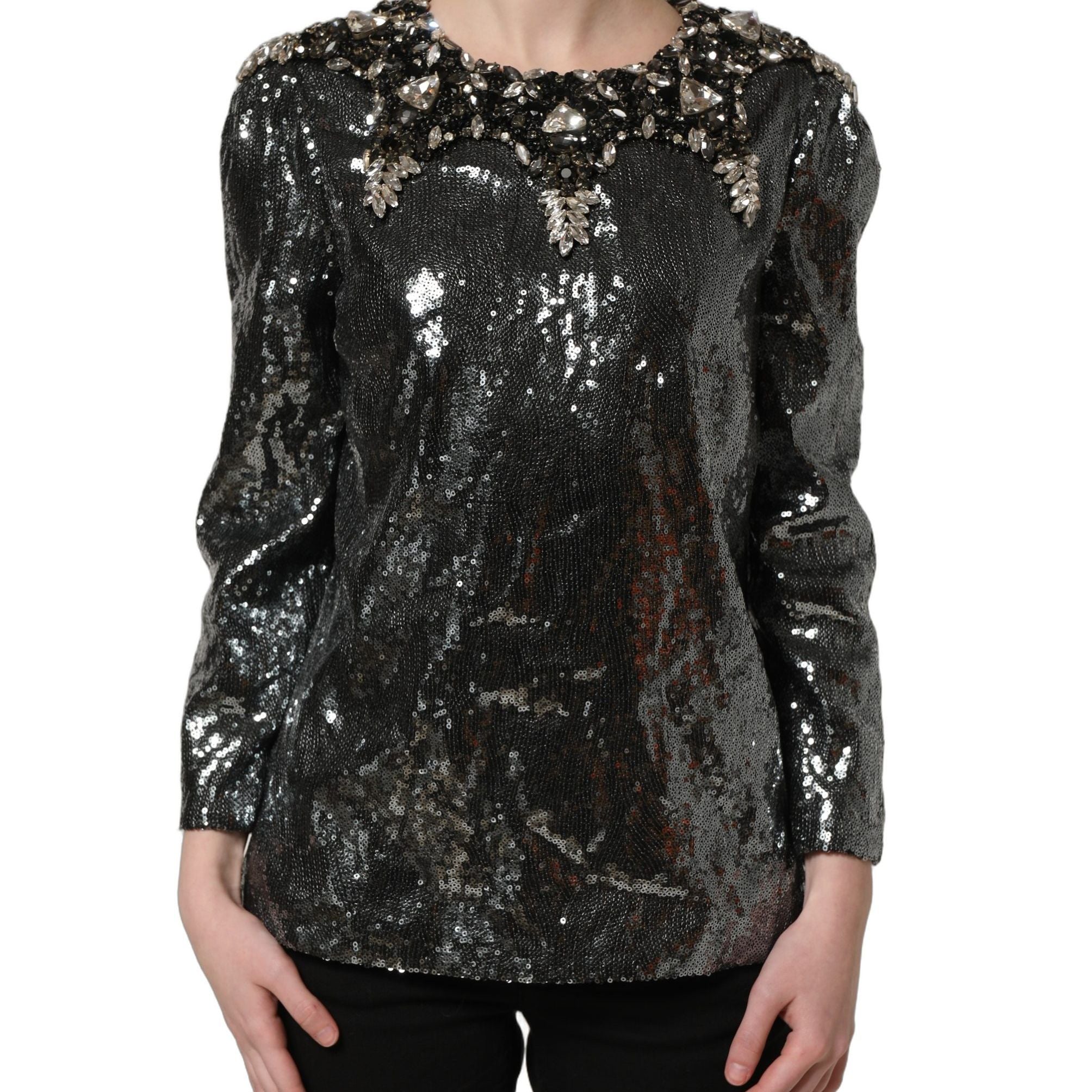 Dolce & Gabbana Metallic Gray Sequin Embellished Blouse Top