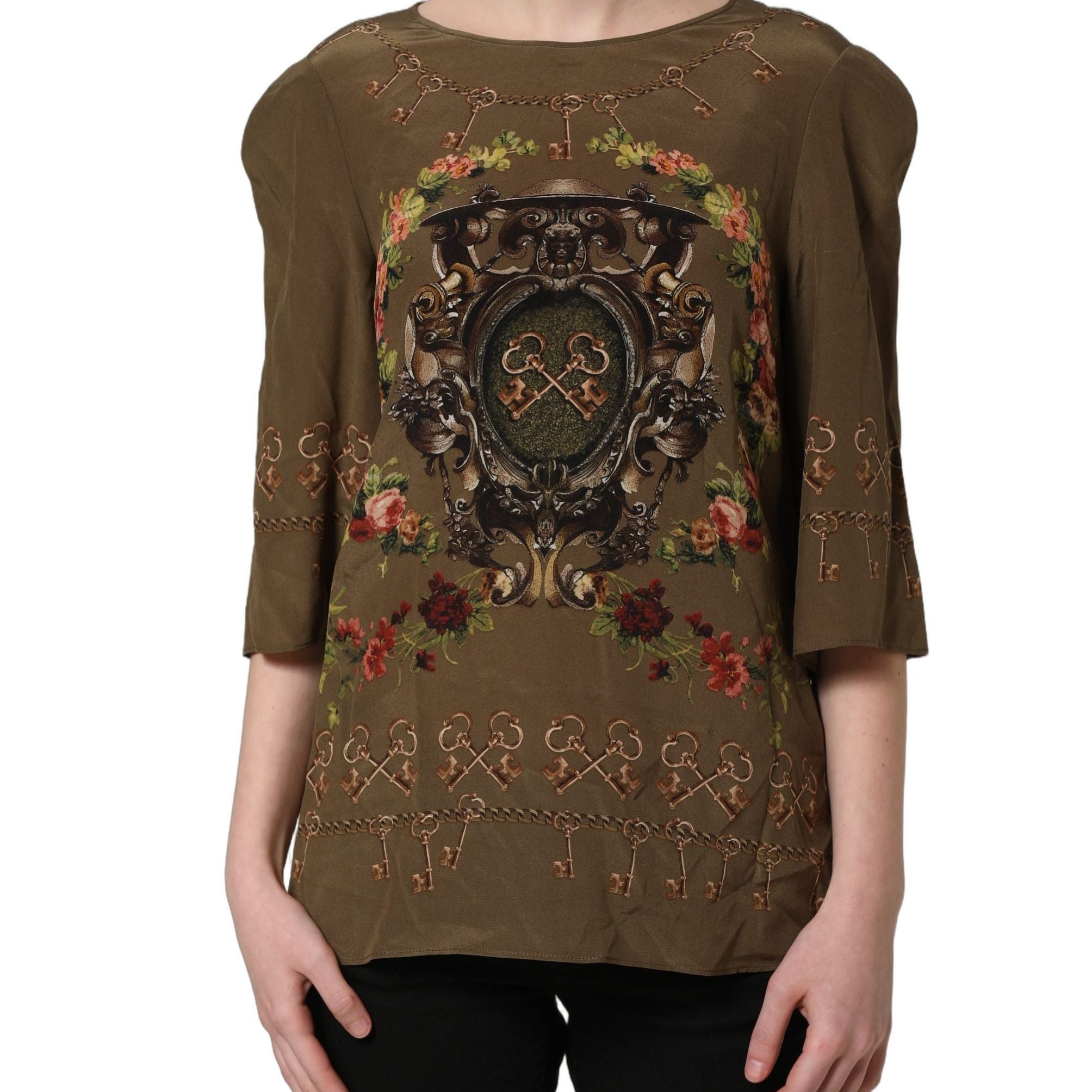 Dolce & Gabbana Brown Keys Roses Printed Silk Blouse Top