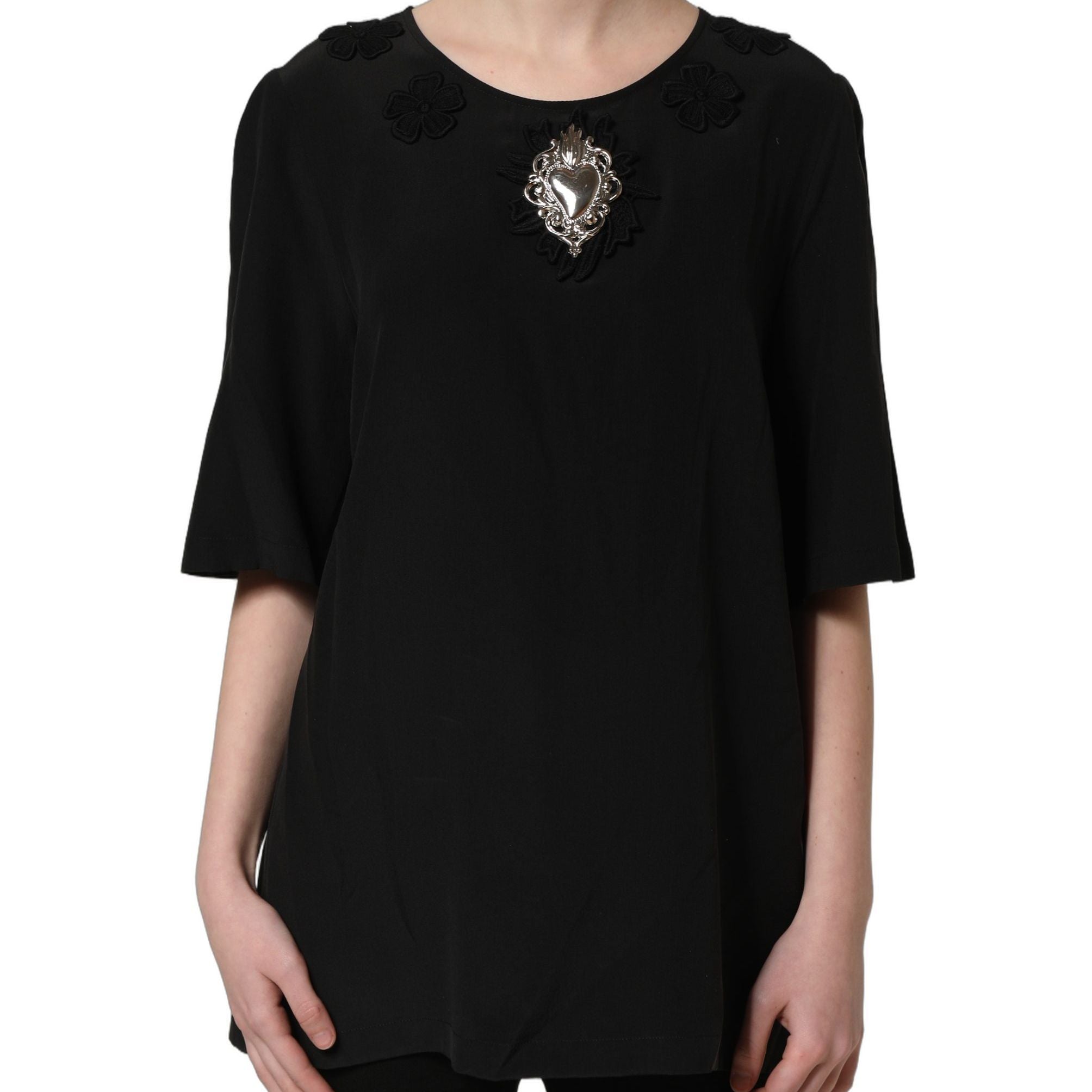 Dolce & Gabbana Black Floral Silk Heart Appliqué Blouse Top