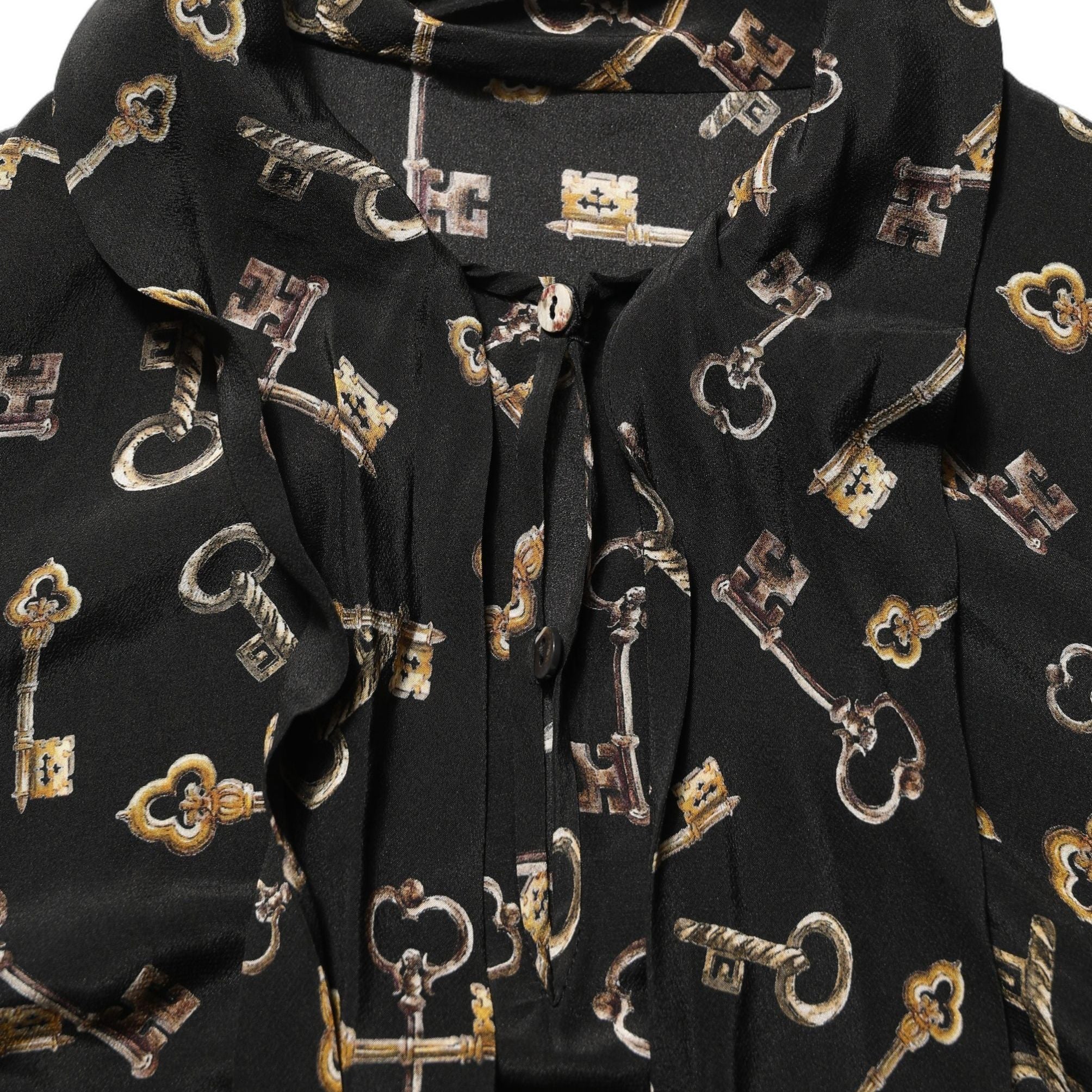 Dolce & Gabbana Black Keys Print Silk Tie Neck Blouse Top