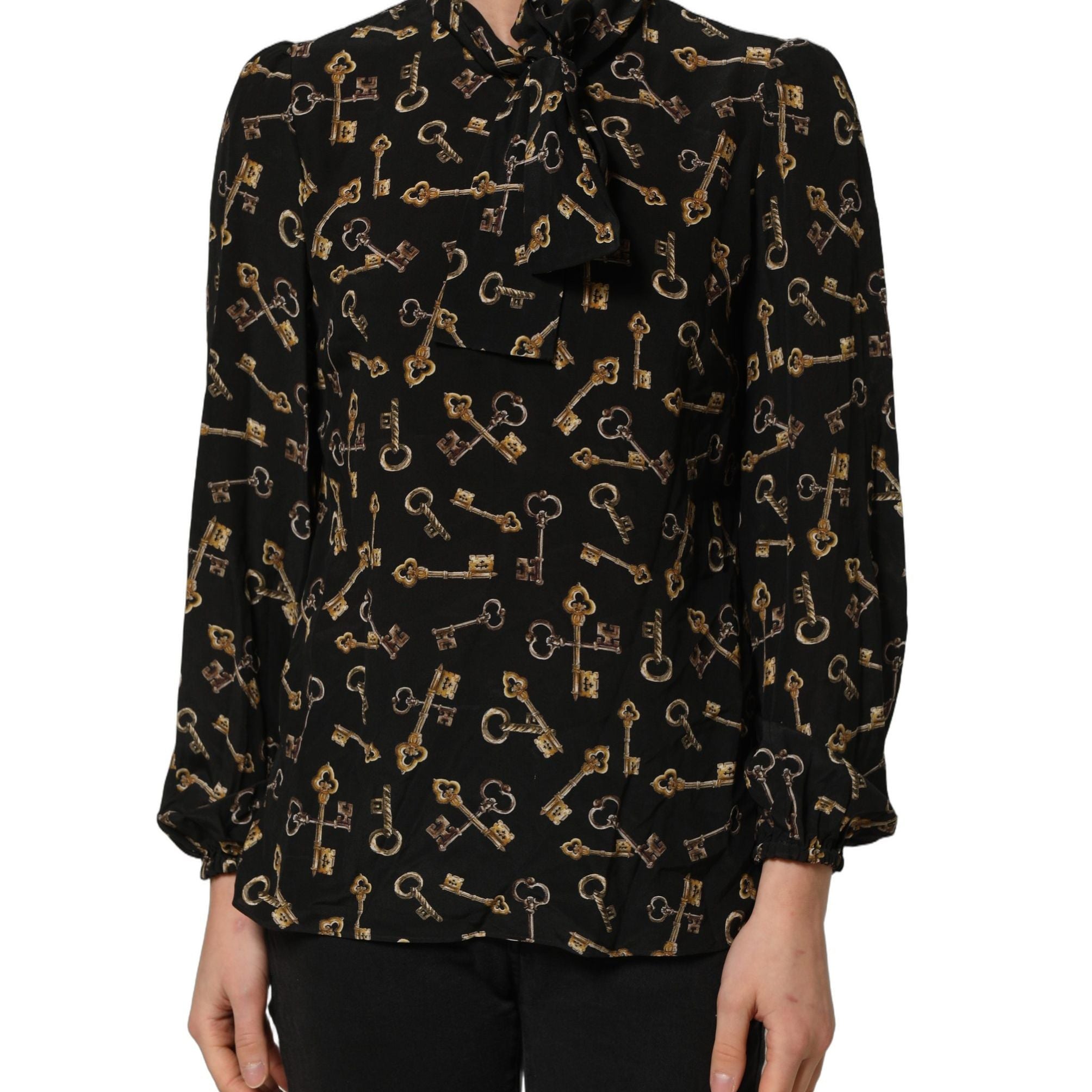 Dolce & Gabbana Black Keys Print Silk Tie Neck Blouse Top