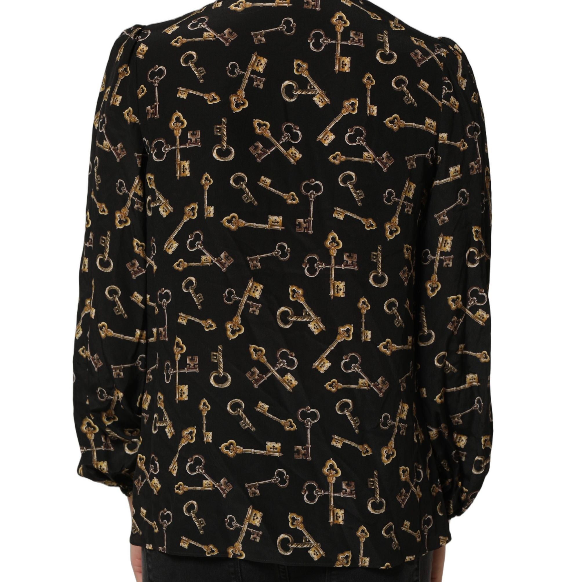 Dolce & Gabbana Black Keys Print Silk Tie Neck Blouse Top