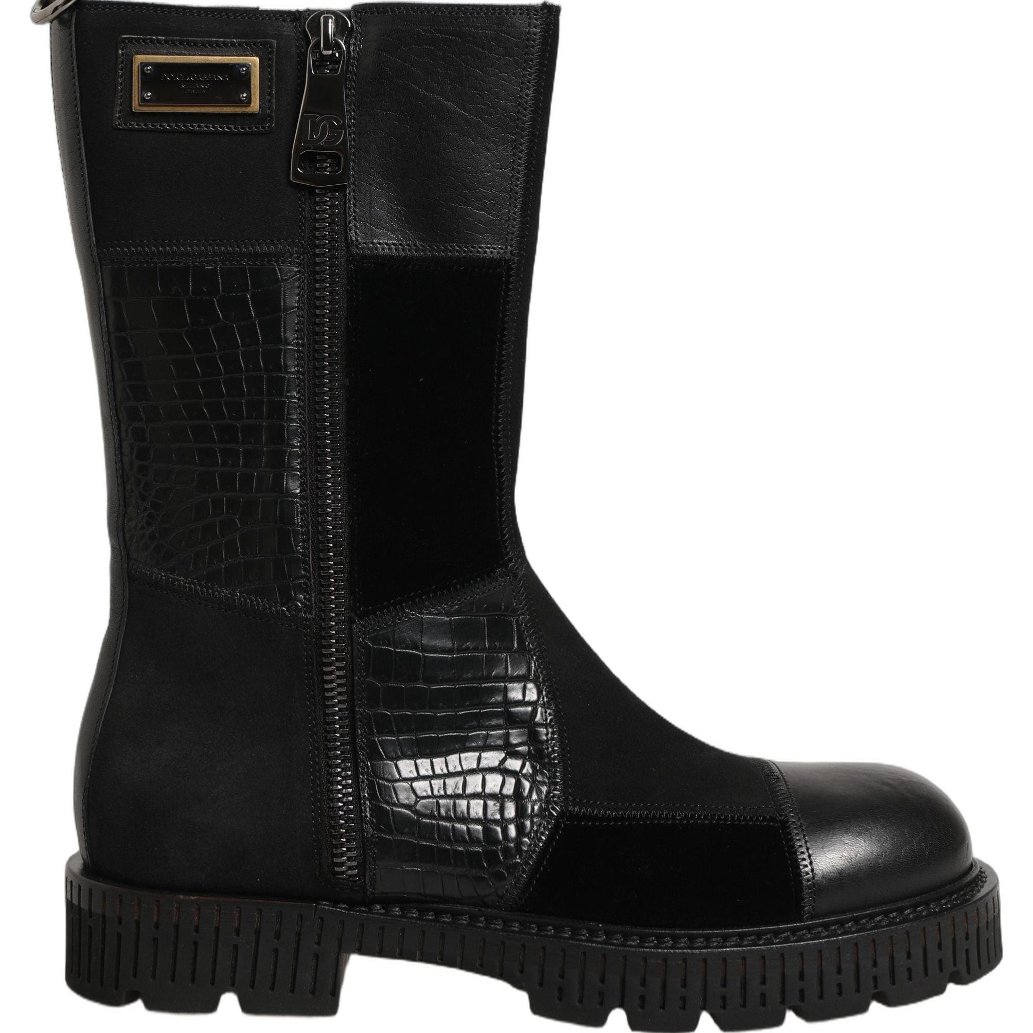 Dolce & Gabbana Black Patchwork Leather Mid Calf Boots Shoes