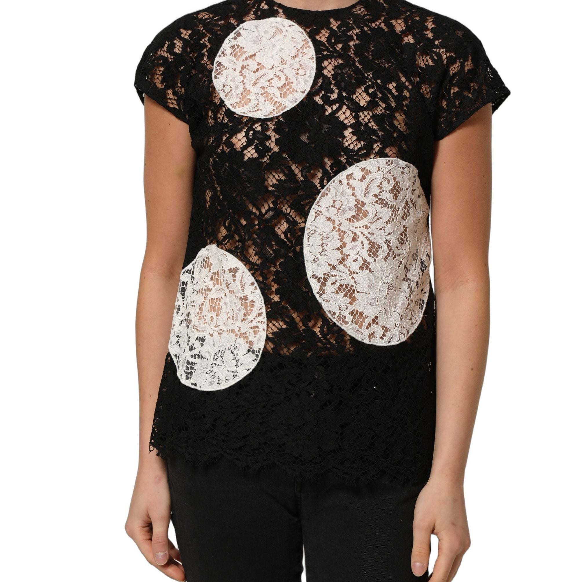Dolce & Gabbana Black White Floral Lace Short Sleeve Blouse Top