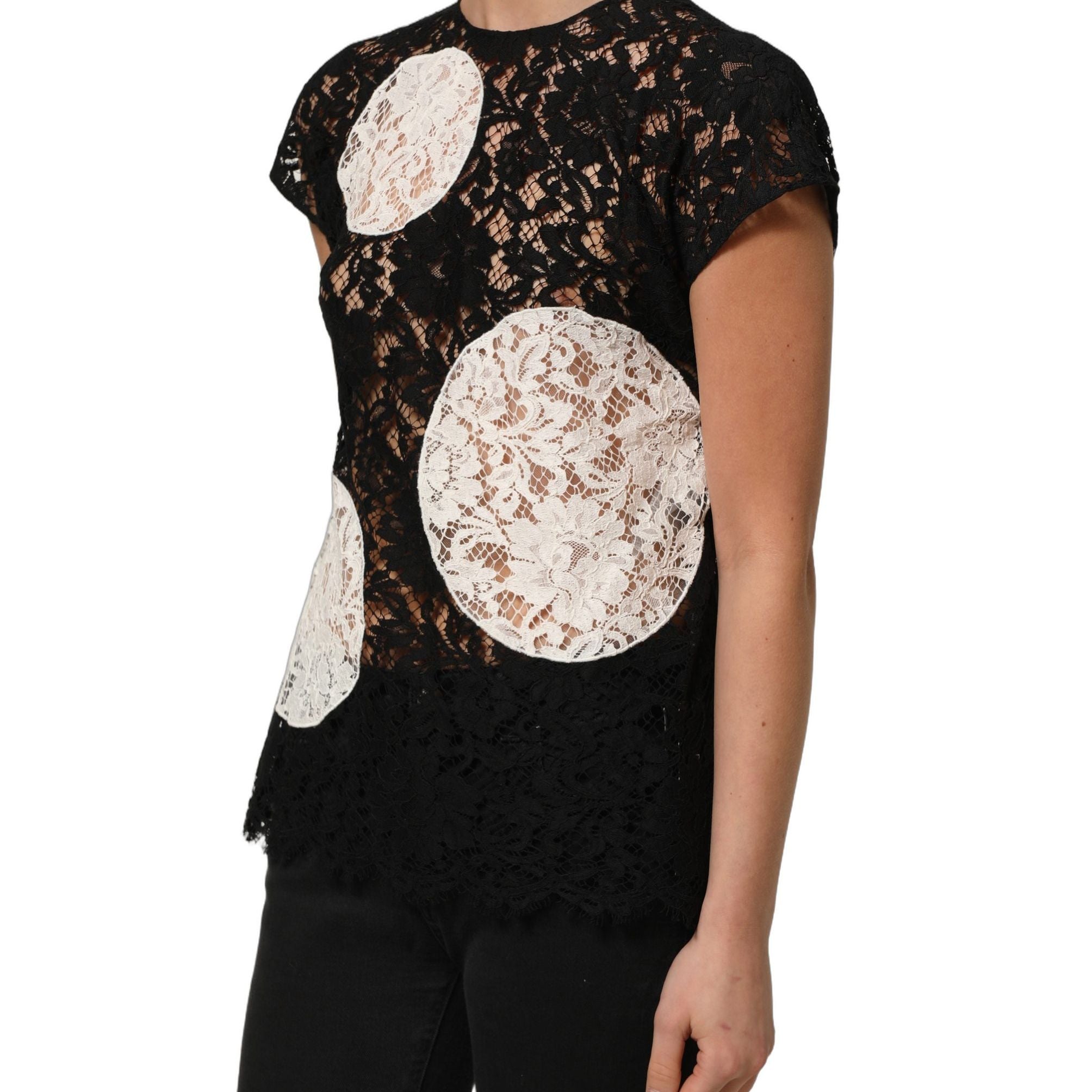 Dolce & Gabbana Black White Floral Lace Short Sleeve Blouse Top