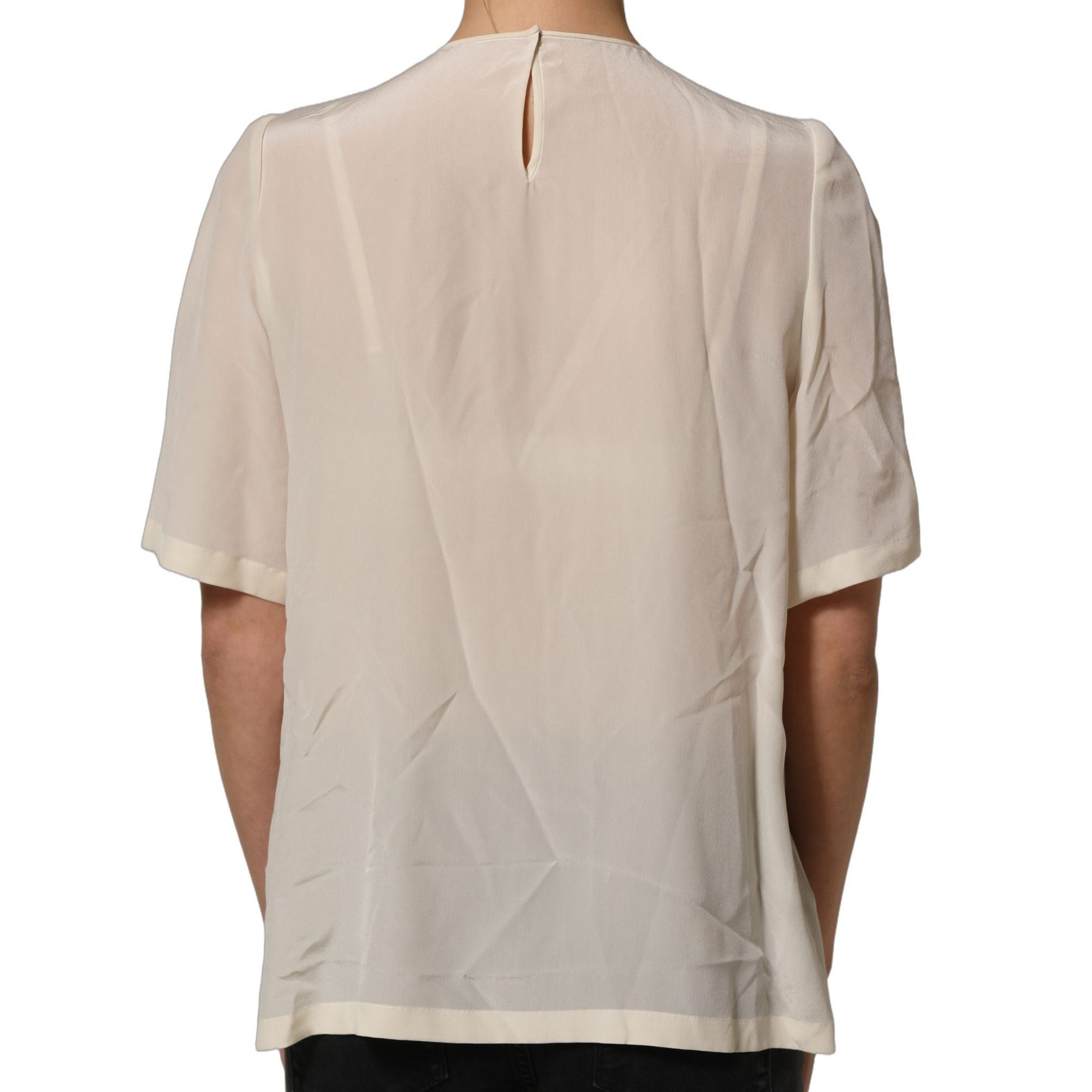 Dolce & Gabbana Beige Lace Trim Bow Short Sleeves Blouse Top