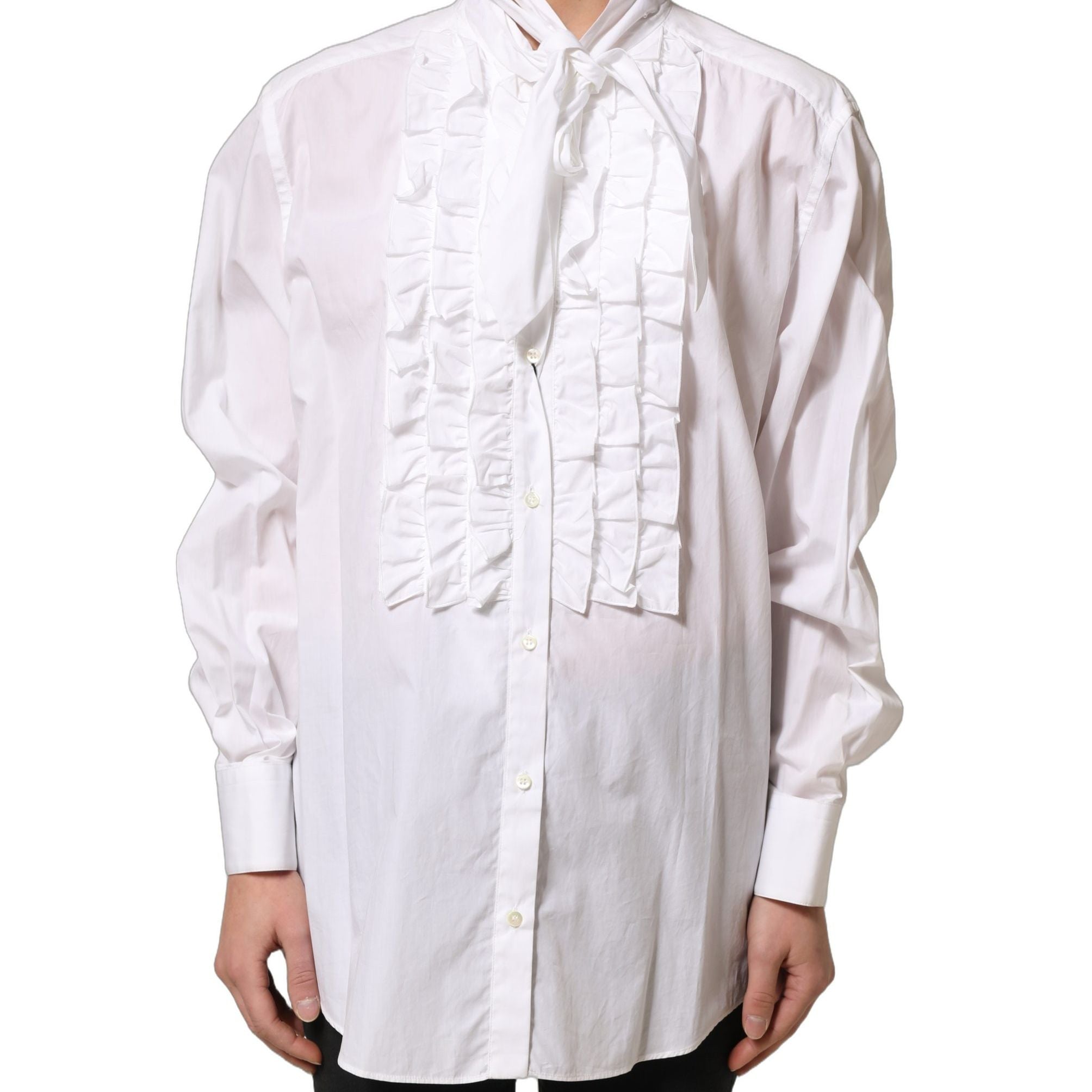 Dolce & Gabbana White Ruffled Bib Long Sleeves Blouse Top