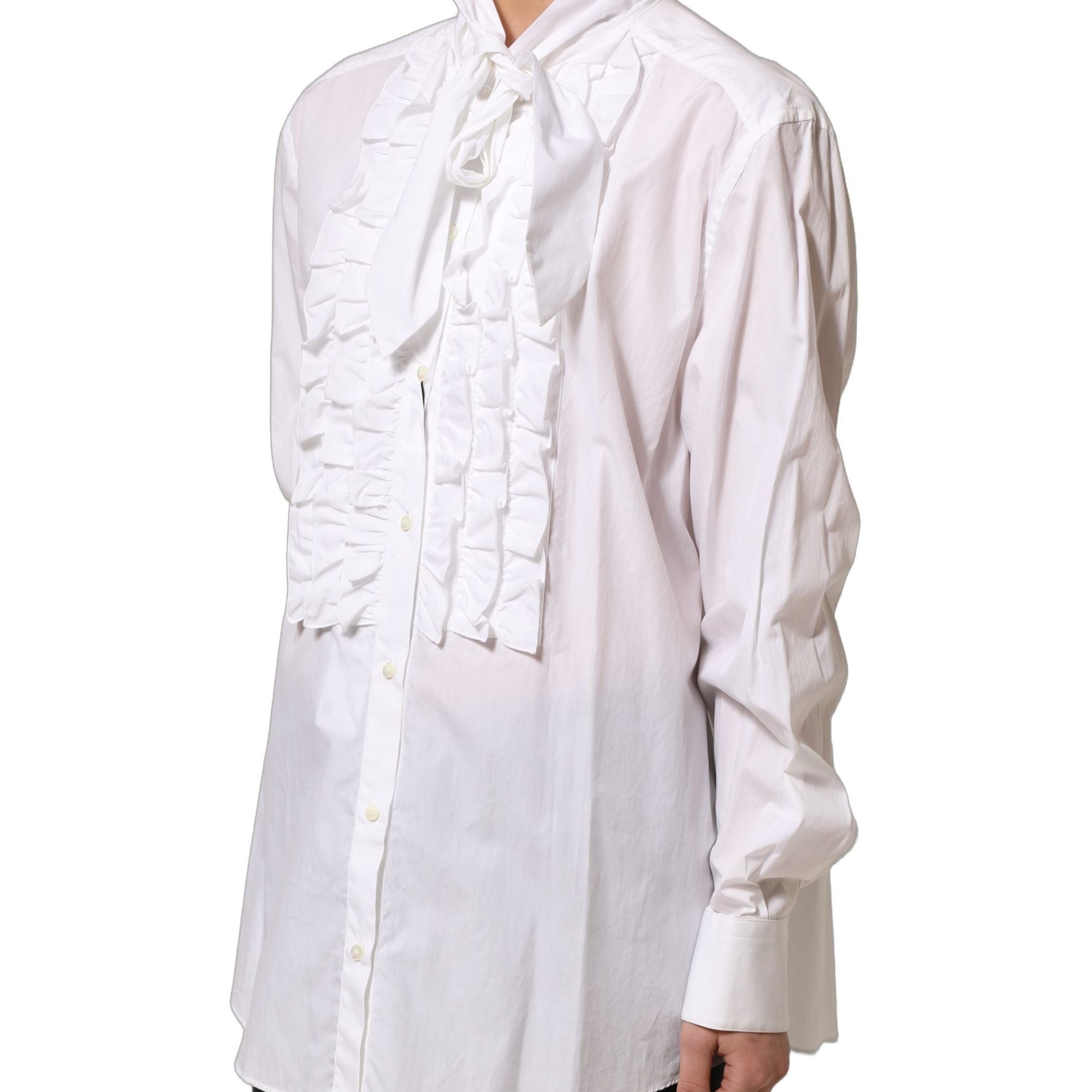 Dolce & Gabbana White Ruffled Bib Long Sleeves Blouse Top