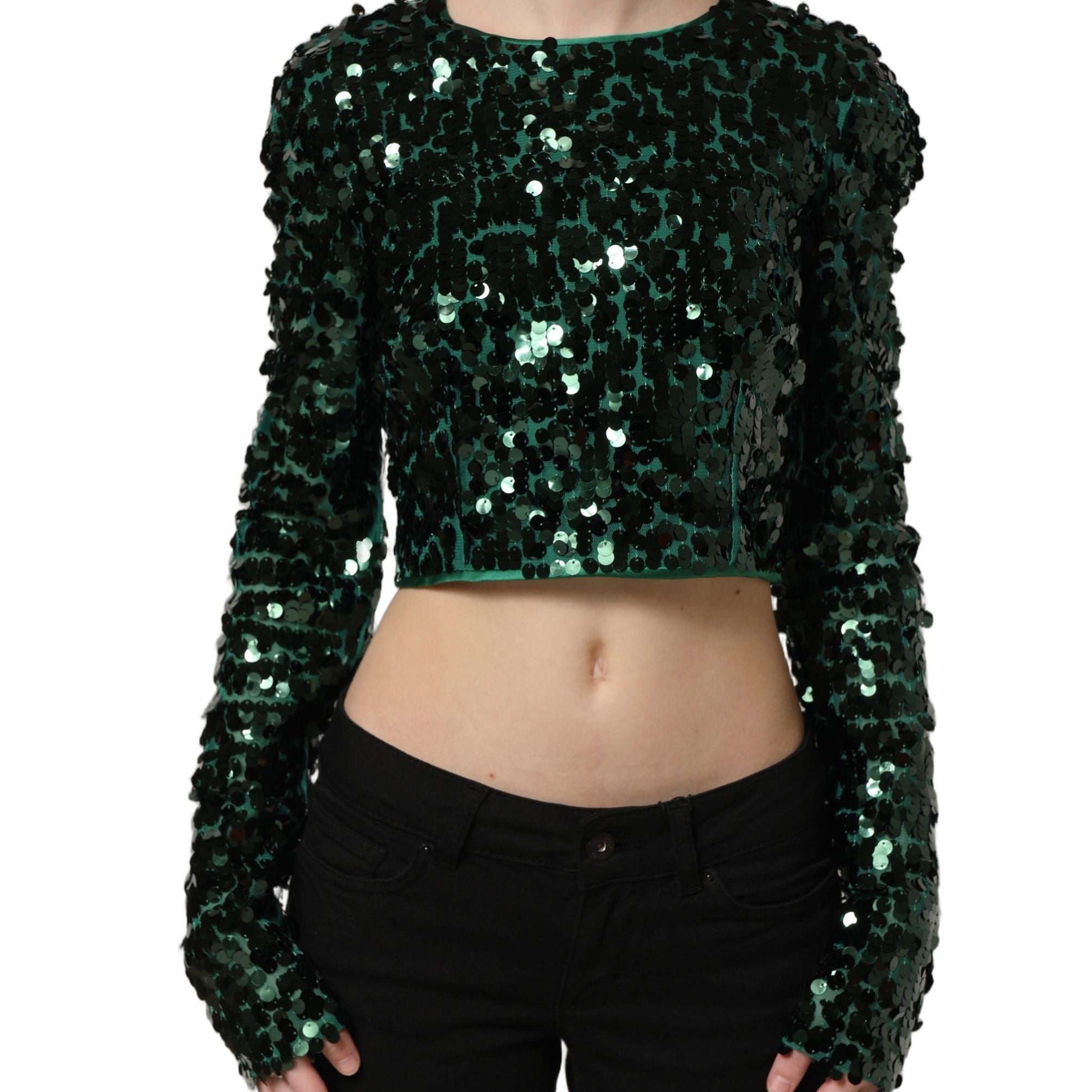 Dolce & Gabbana Green Sequined Long Sleeves Crop Blouse Top