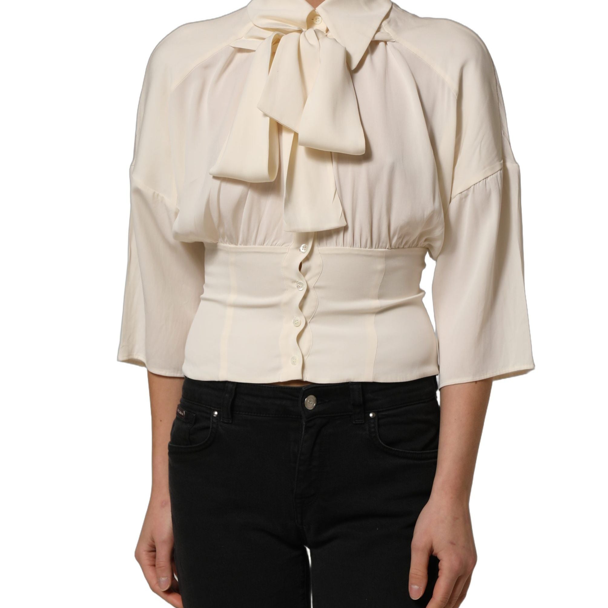 Dolce & Gabbana Off White Ascot Collar Long Sleeves Blouse Top