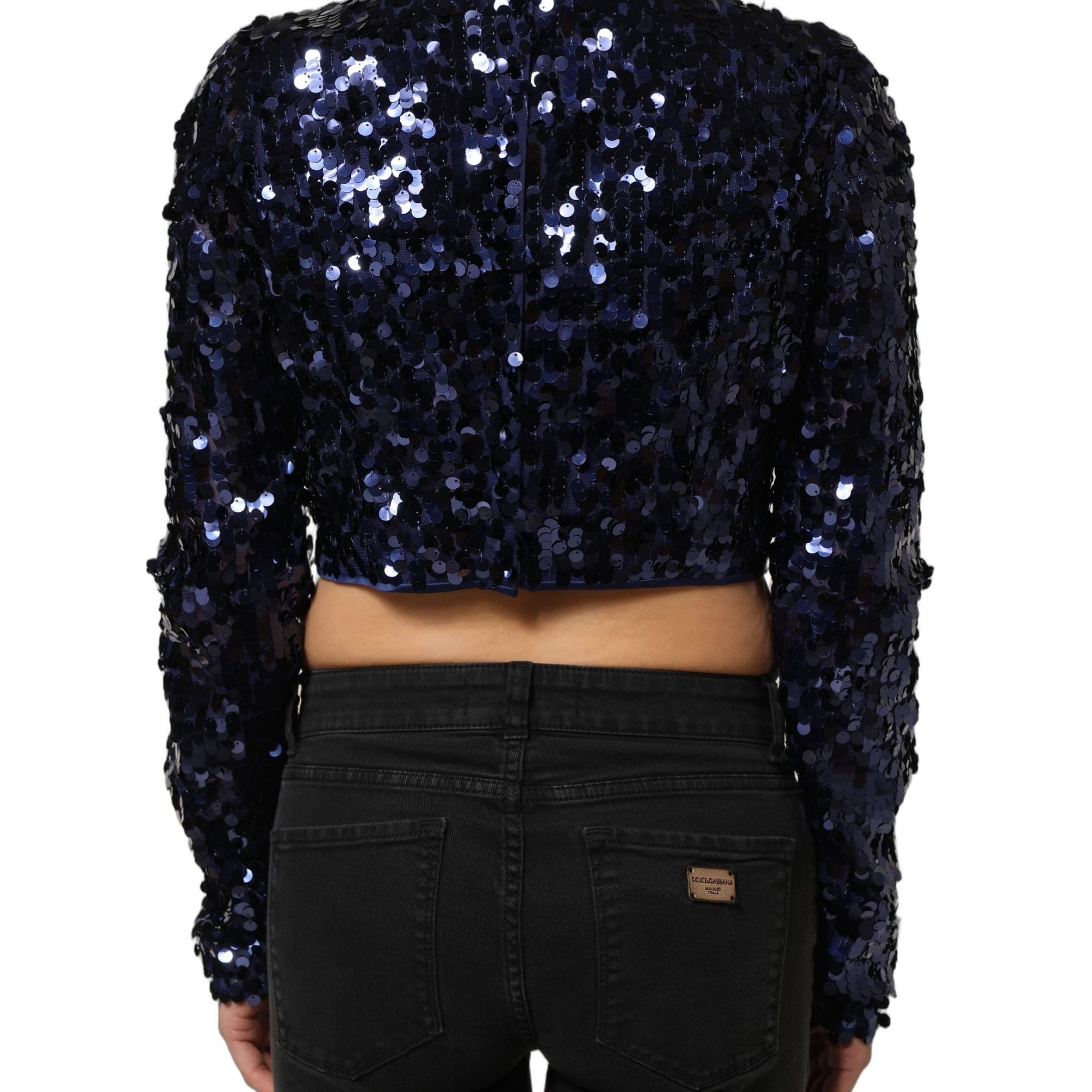 Dolce & Gabbana Blue Sequined Long Sleeves Crop Blouse Top