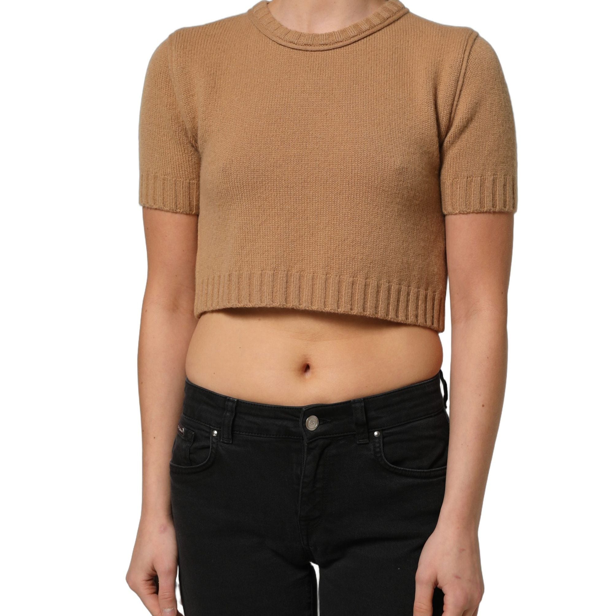 Dolce & Gabbana Brown Wool Short Sleeves Cropped Blouse Top