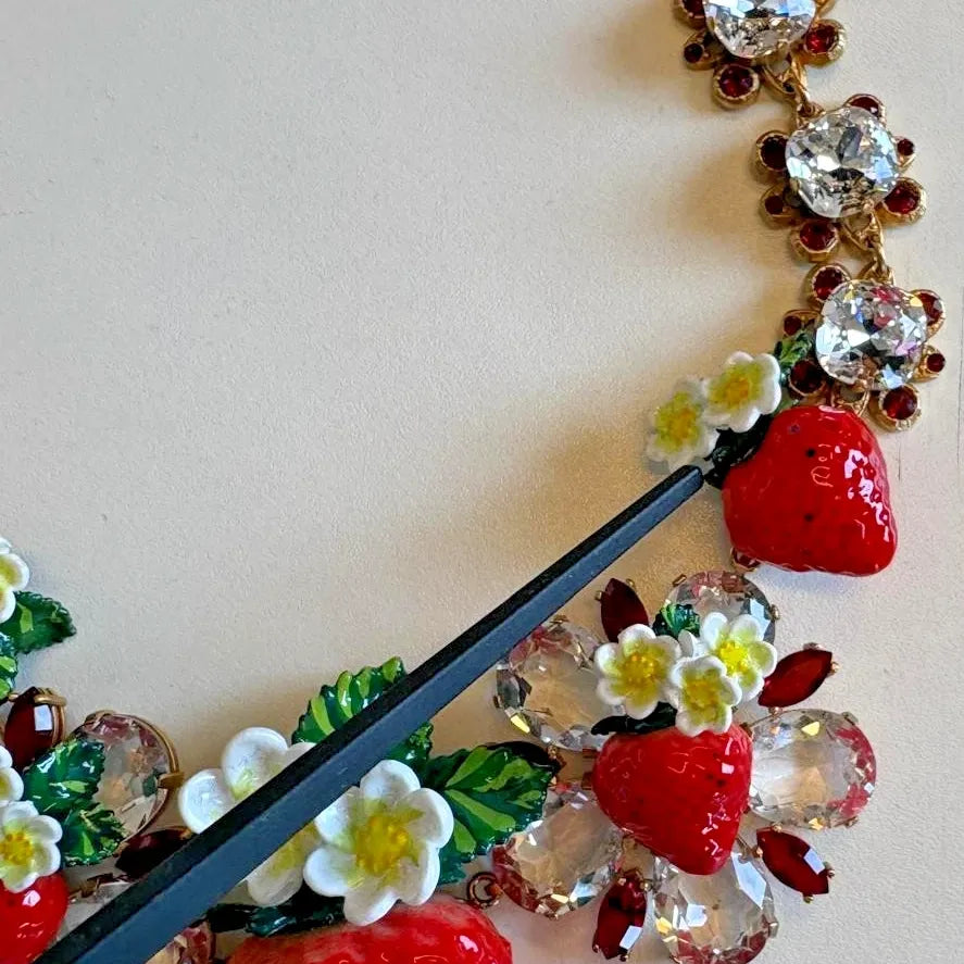 Dolce & Gabbana Gold Brass FRUIT Pendants Flowers Crystal Logo Necklace