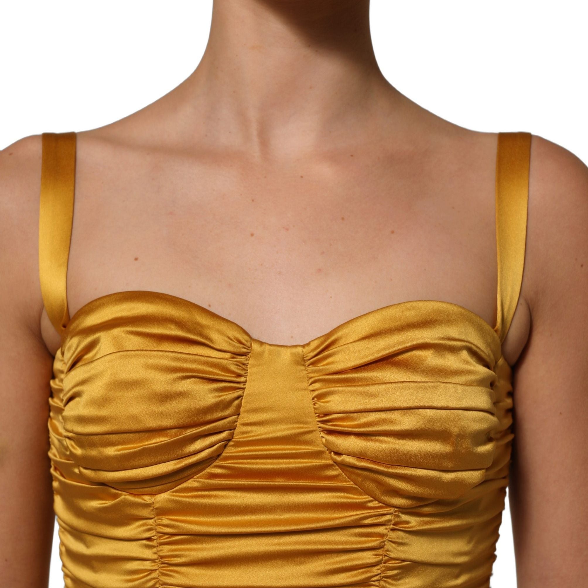 Dolce & Gabbana Gold Silk Ruched Bodycon Sheath Midi Dress