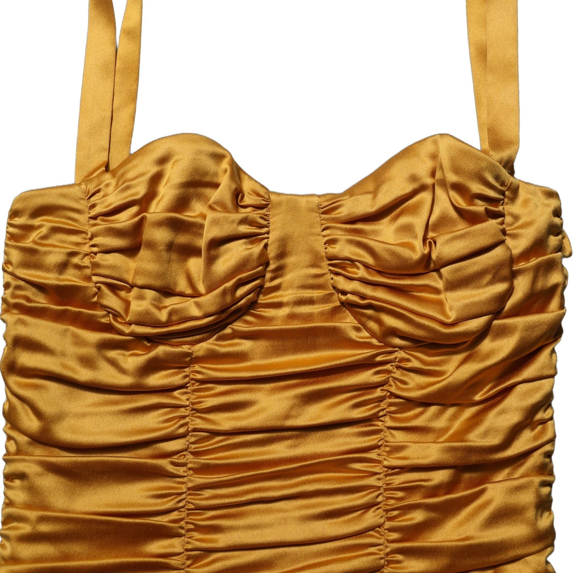Dolce & Gabbana Gold Silk Ruched Bodycon Sheath Midi Dress