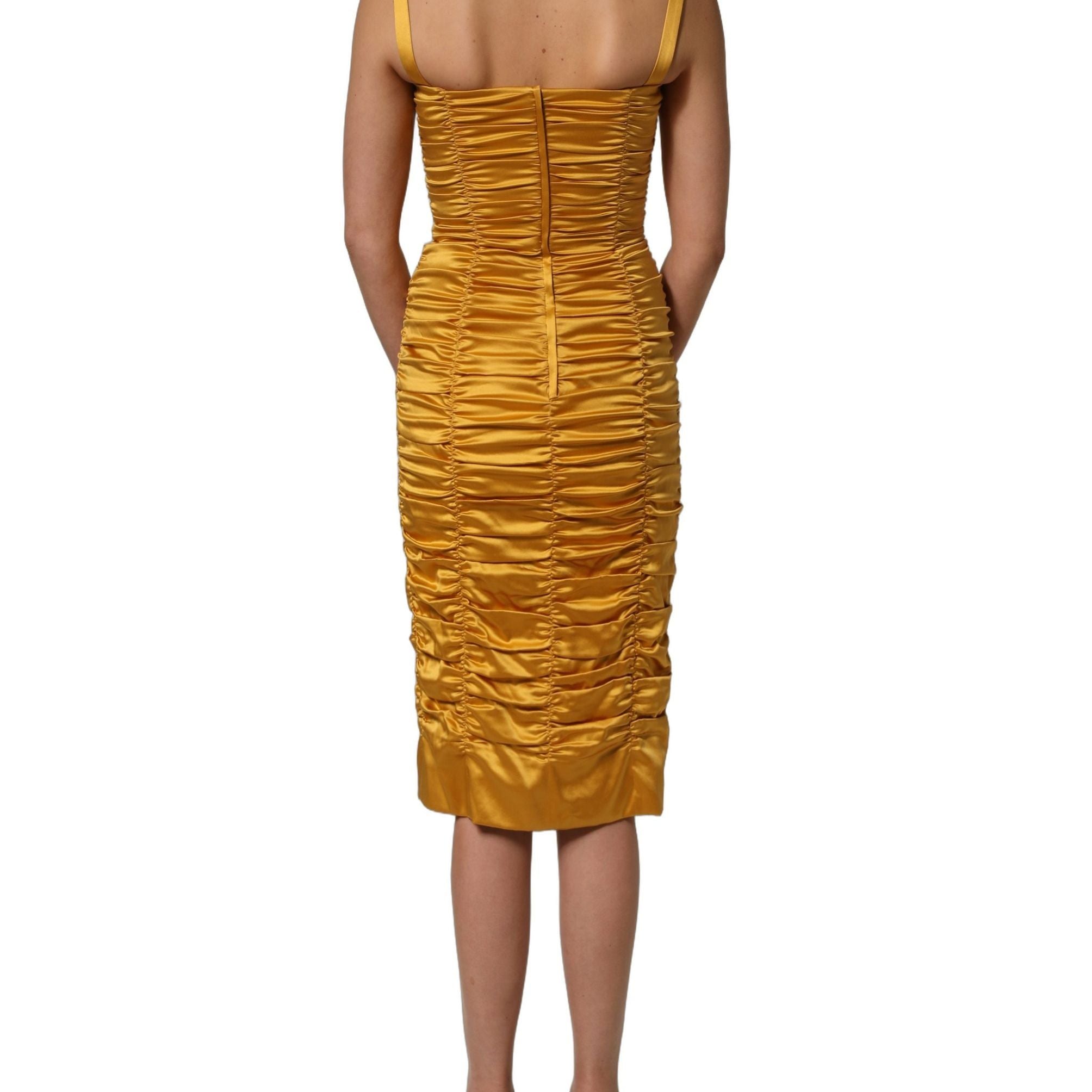 Dolce & Gabbana Gold Silk Ruched Bodycon Sheath Midi Dress