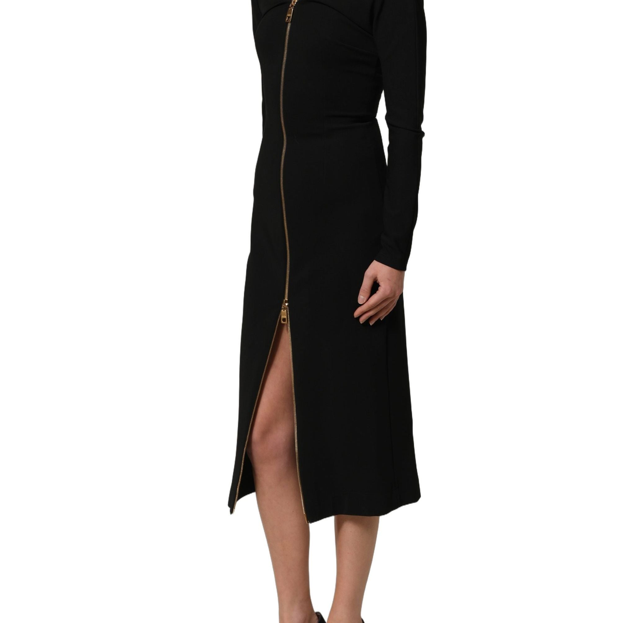 Dolce & Gabbana Black Long Sleeves Front Zipper Midi Dress