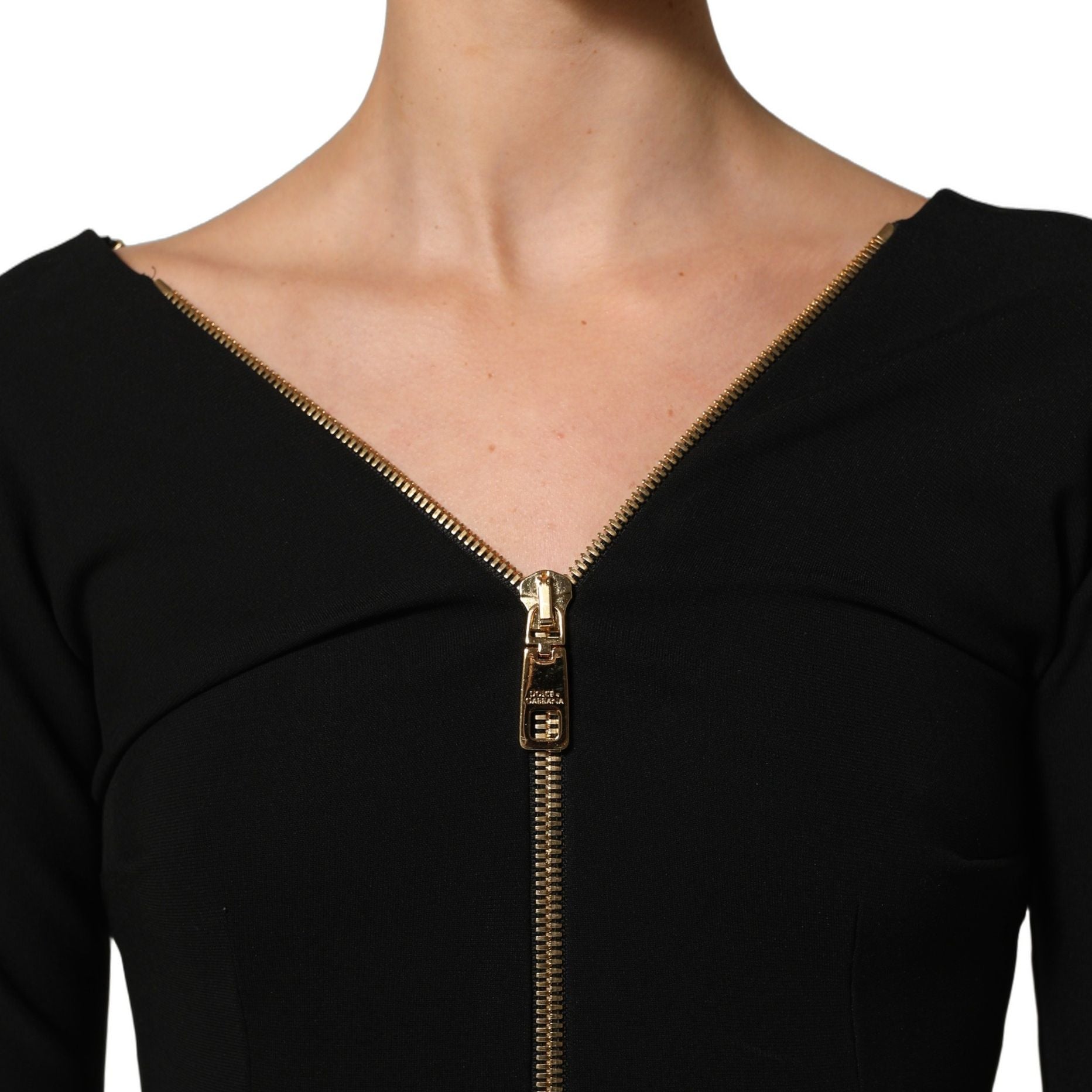 Dolce & Gabbana Black Long Sleeves Front Zipper Midi Dress