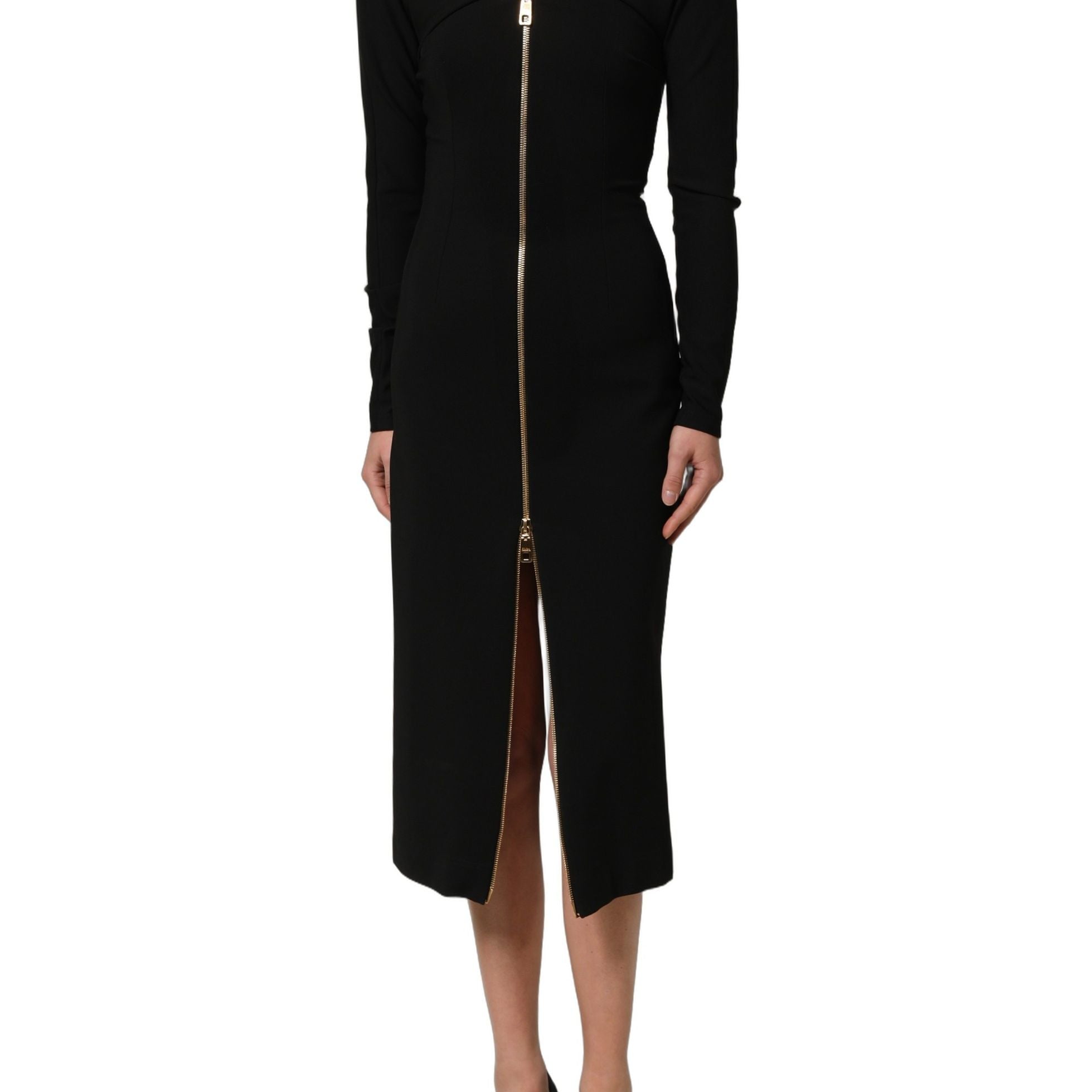 Dolce & Gabbana Black Long Sleeves Front Zipper Midi Dress