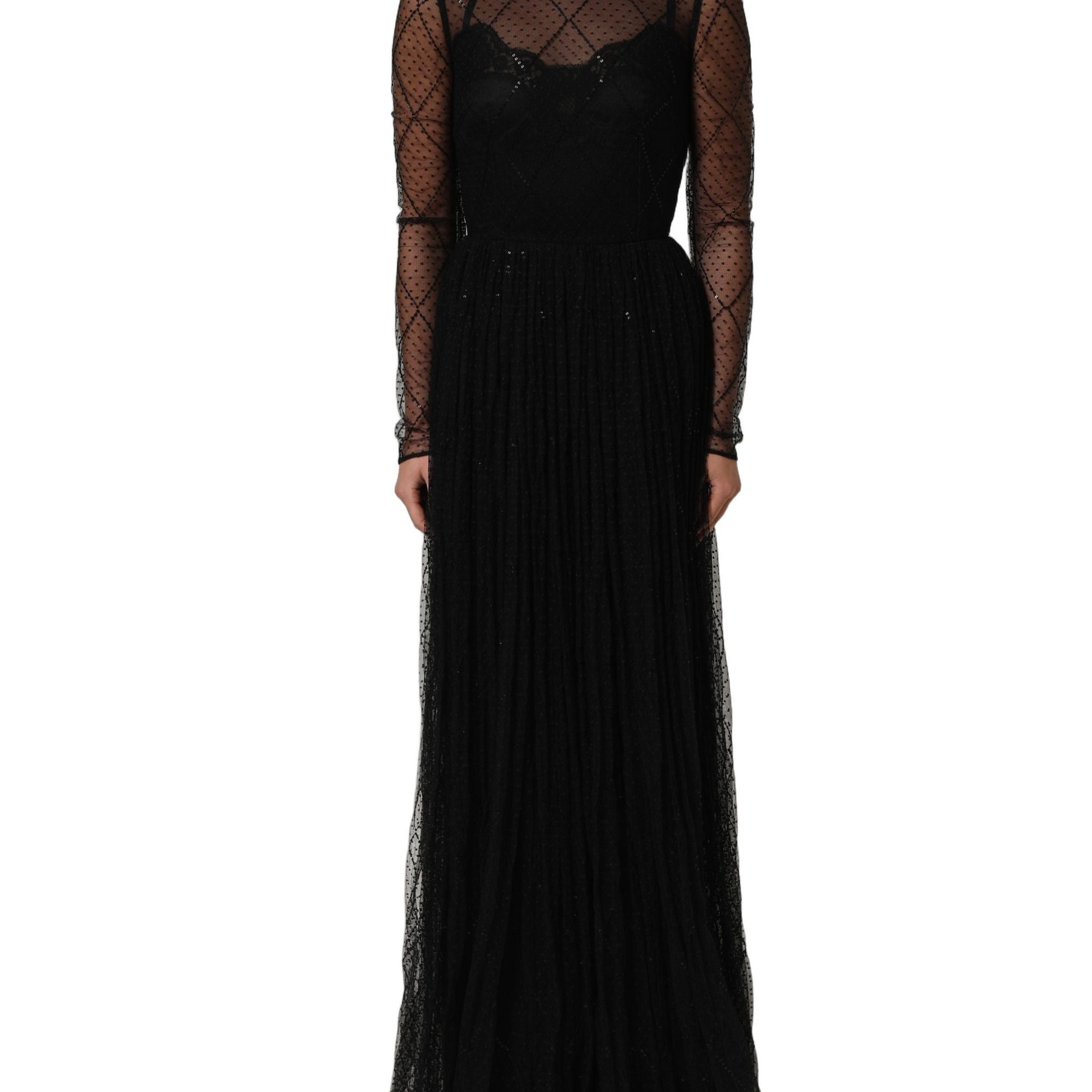 Dolce & Gabbana Black Mesh Lace Long Sleeved Maxi Gown Dress