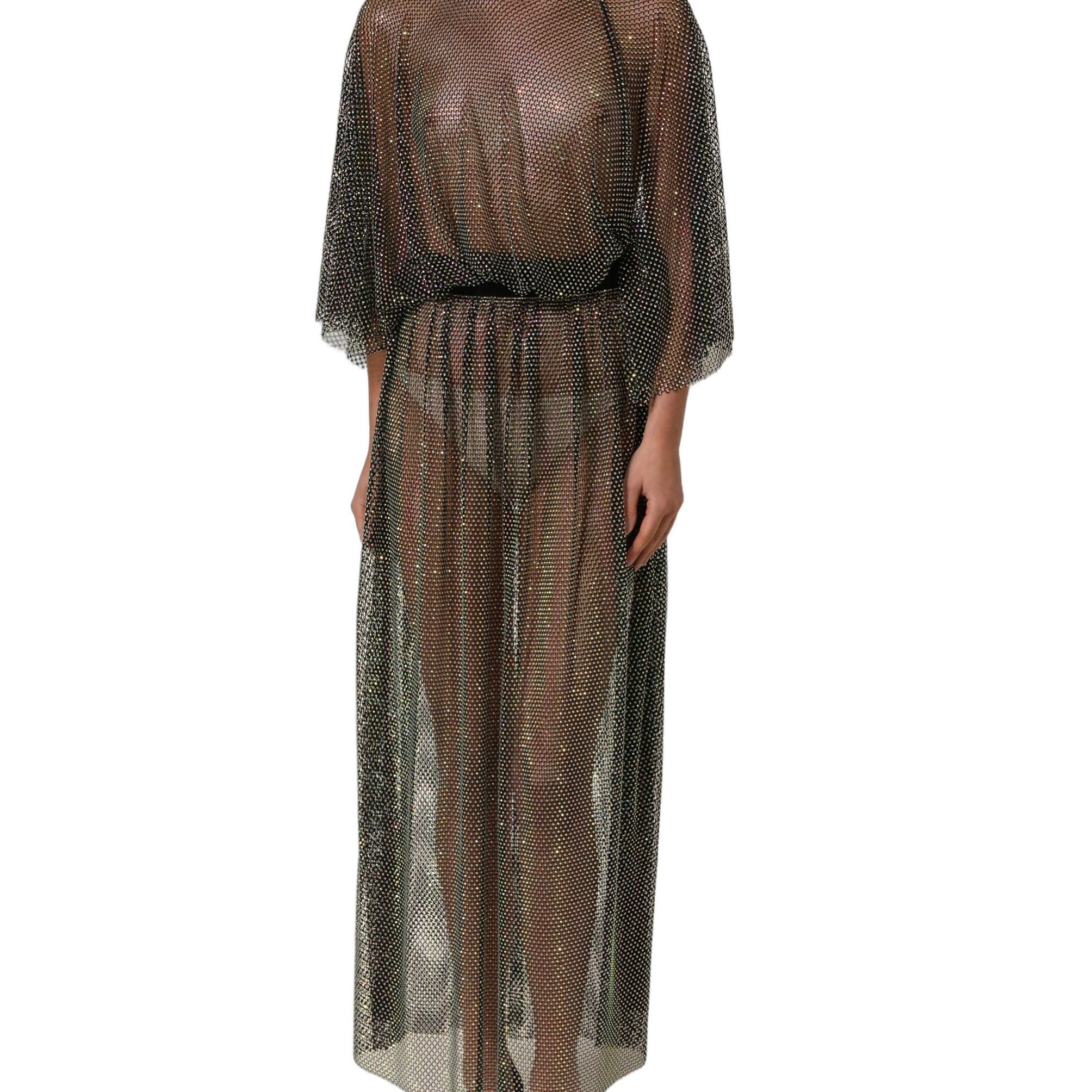 Dolce & Gabbana Black Rhinestone Mesh Turtleneck Maxi Dress