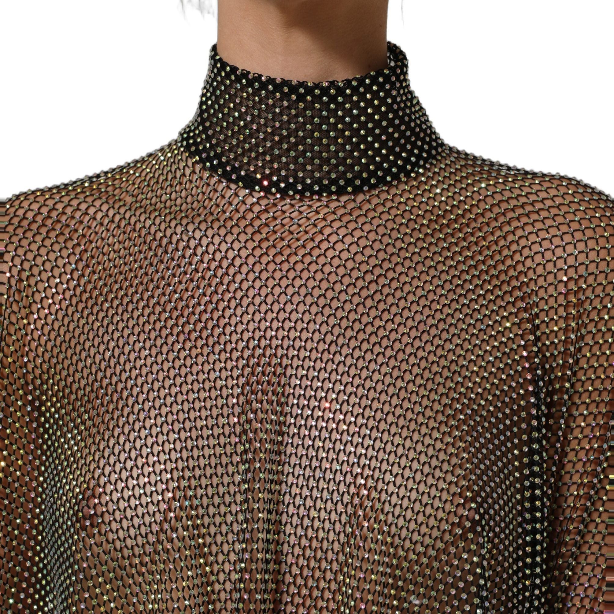 Dolce & Gabbana Black Rhinestone Mesh Turtleneck Maxi Dress