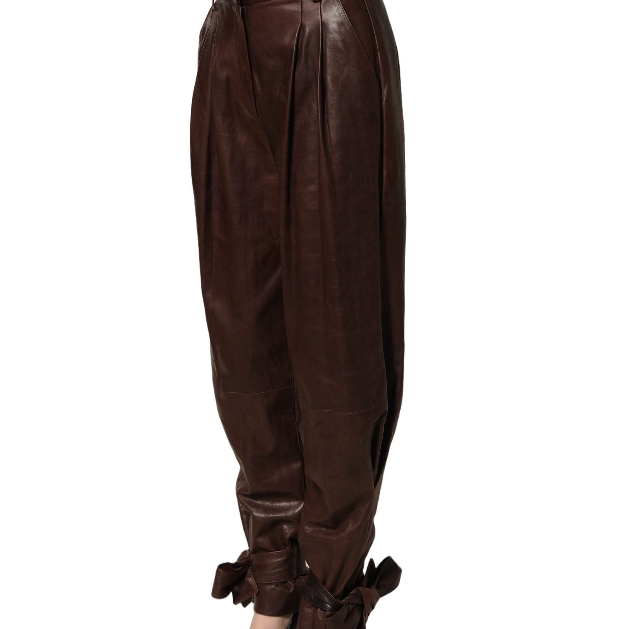 Dolce & Gabbana Brown Leather High Waist Tapered Leg Pants