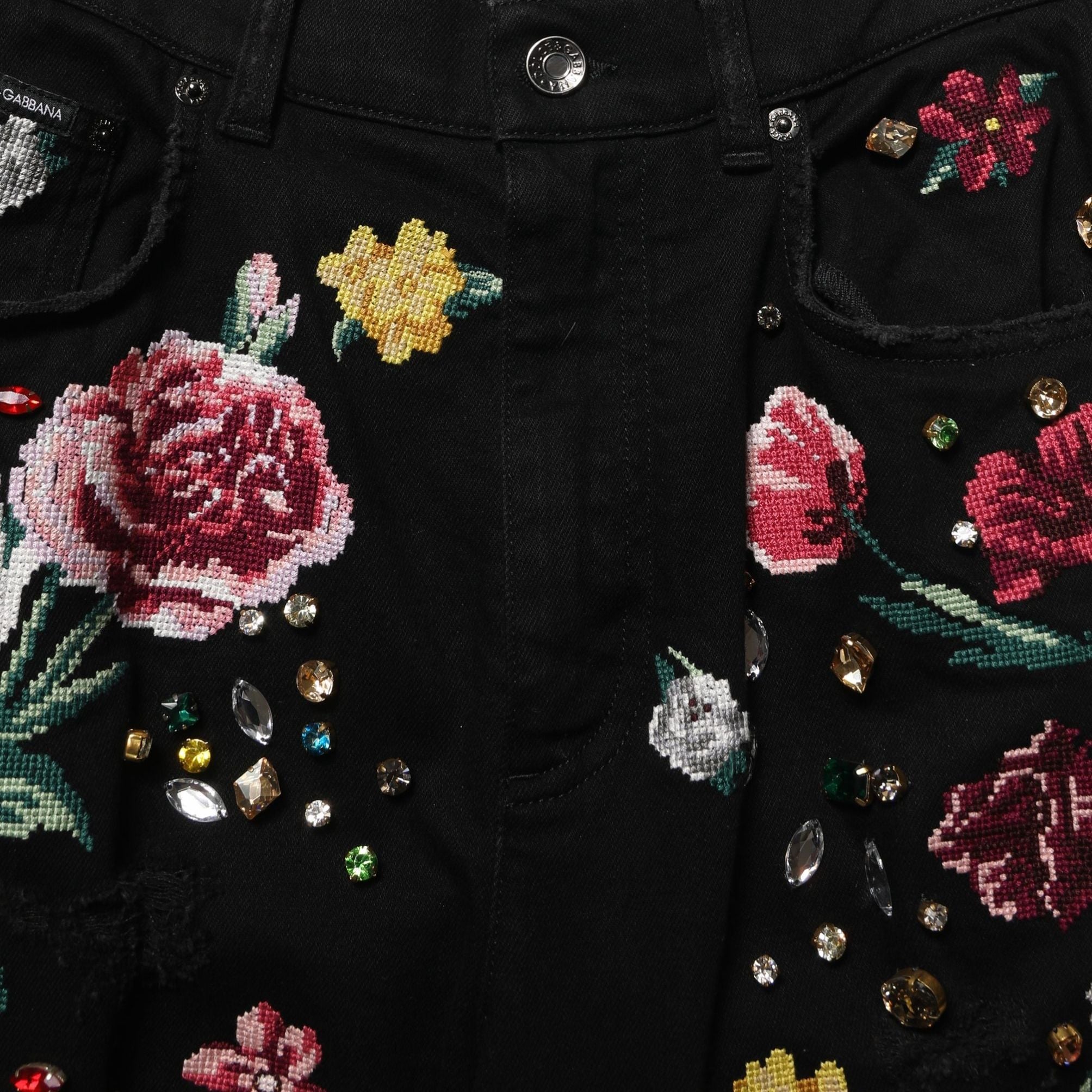 Dolce & Gabbana Black Floral Cotton High Waist Tapered Pants