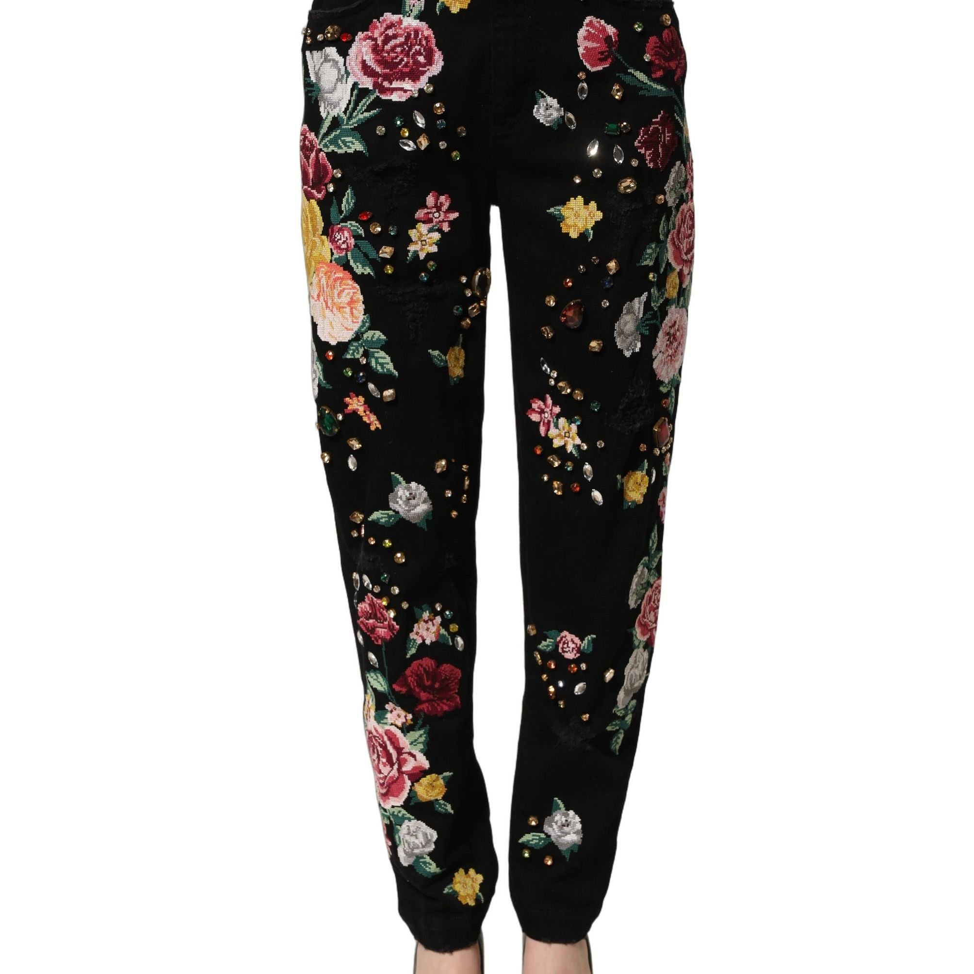 Dolce & Gabbana Black Floral Cotton High Waist Tapered Pants