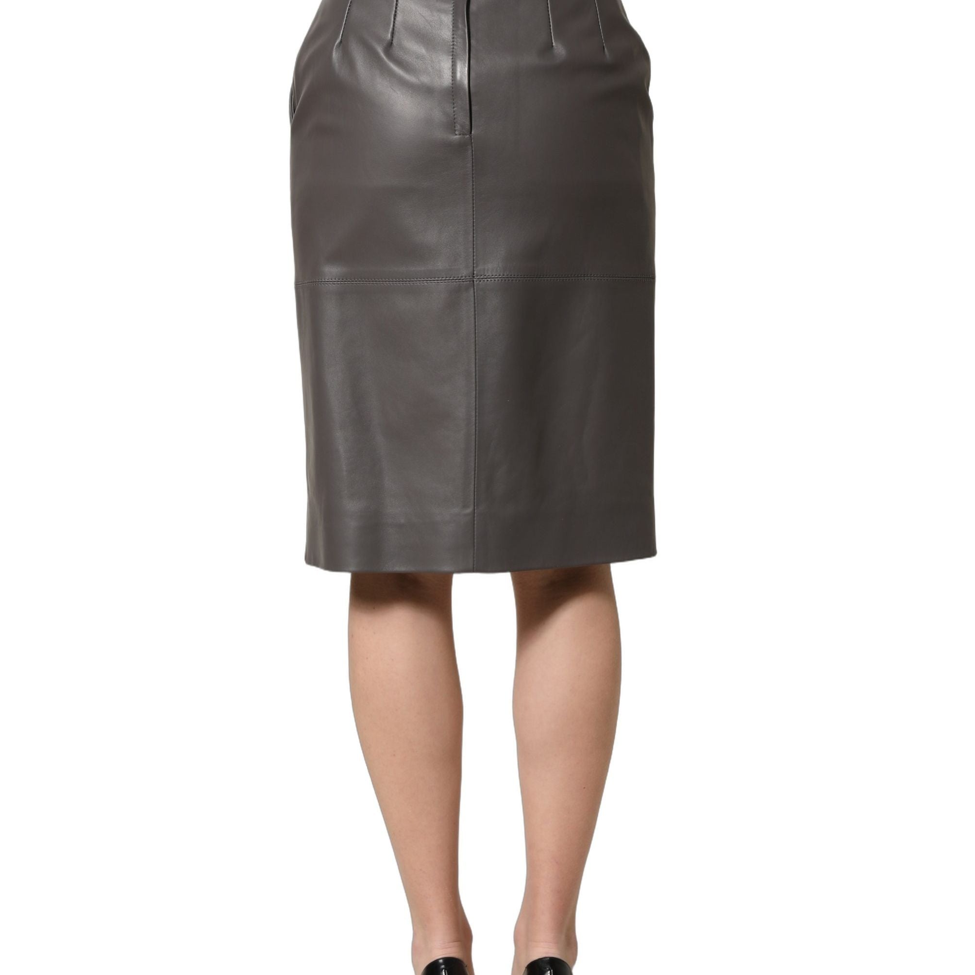 Dolce & Gabbana Gray Leather High Waist Pencil Cut Midi Skirt