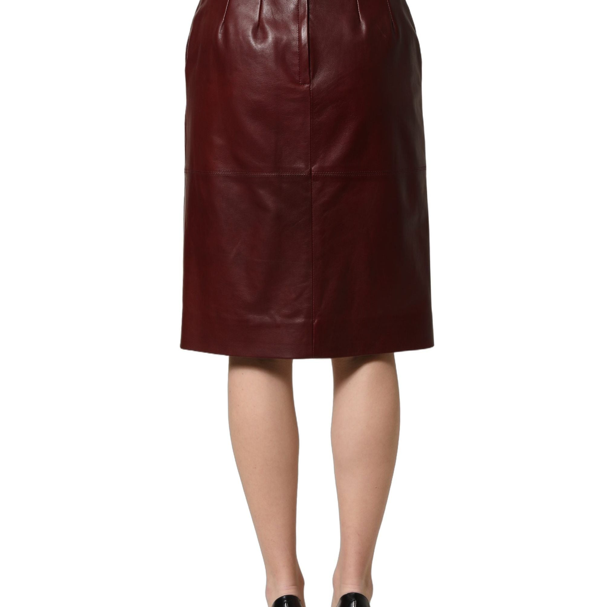 Dolce & Gabbana Burgundy Leather High Waist Pencil Midi Skirt