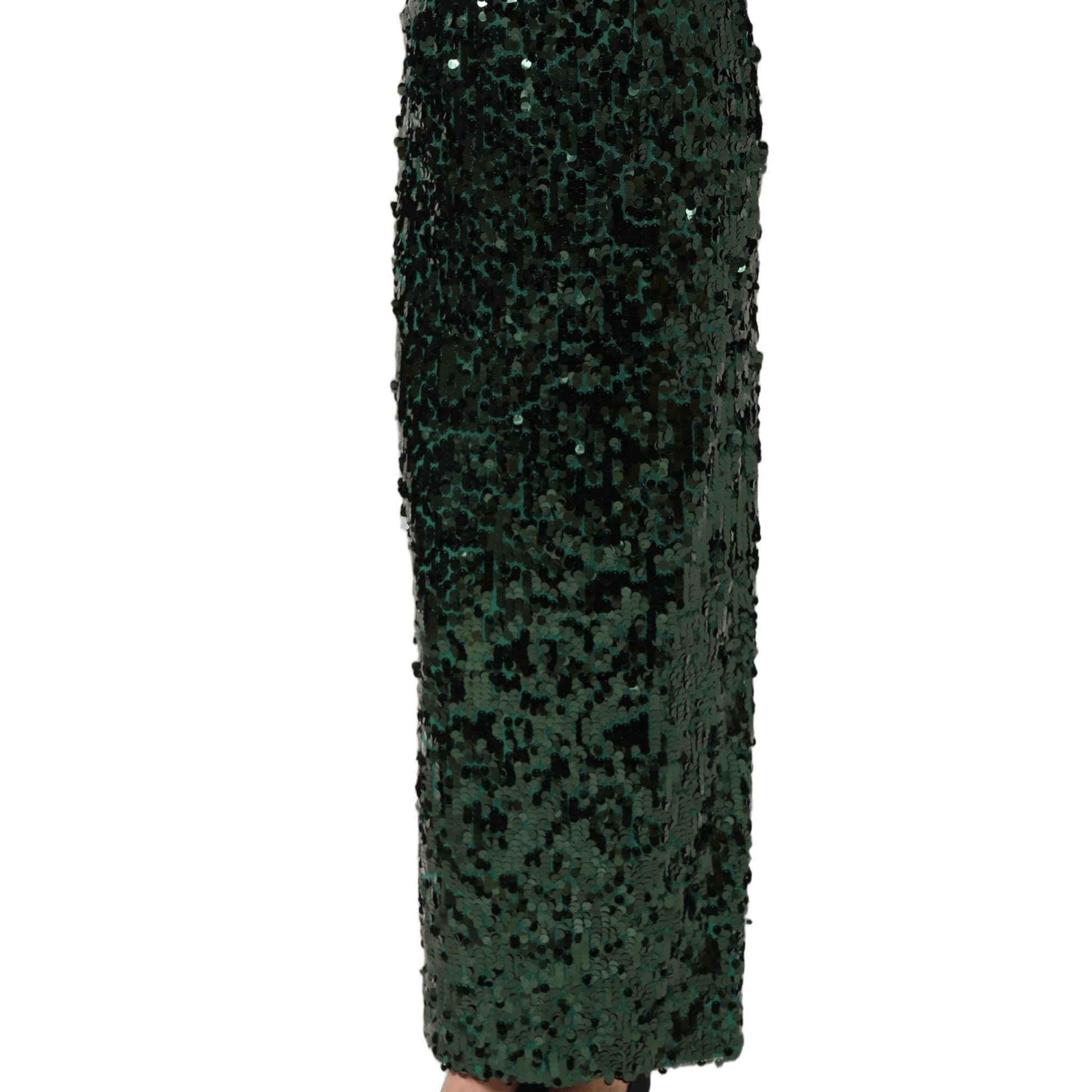 Dolce & Gabbana Green Sequin High Waist Pencil Cut Midi Skirt