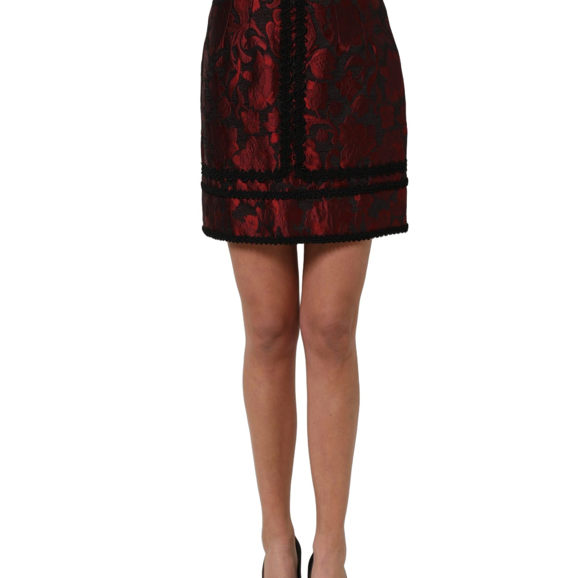Dolce & Gabbana Red Black Floral Lace Jacquard Mini Skirt