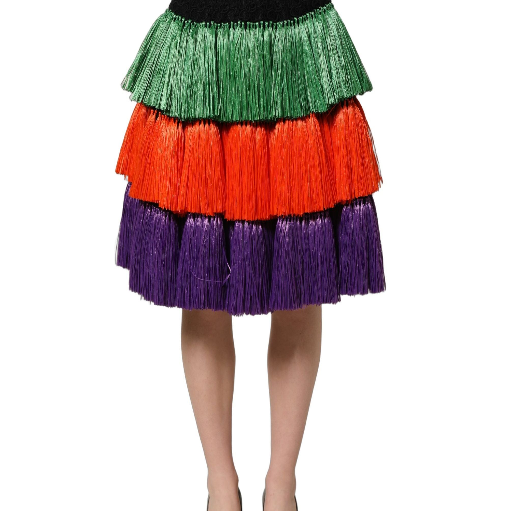 Dolce & Gabbana Multicolor Fringed High Waist Knee Length Skirt