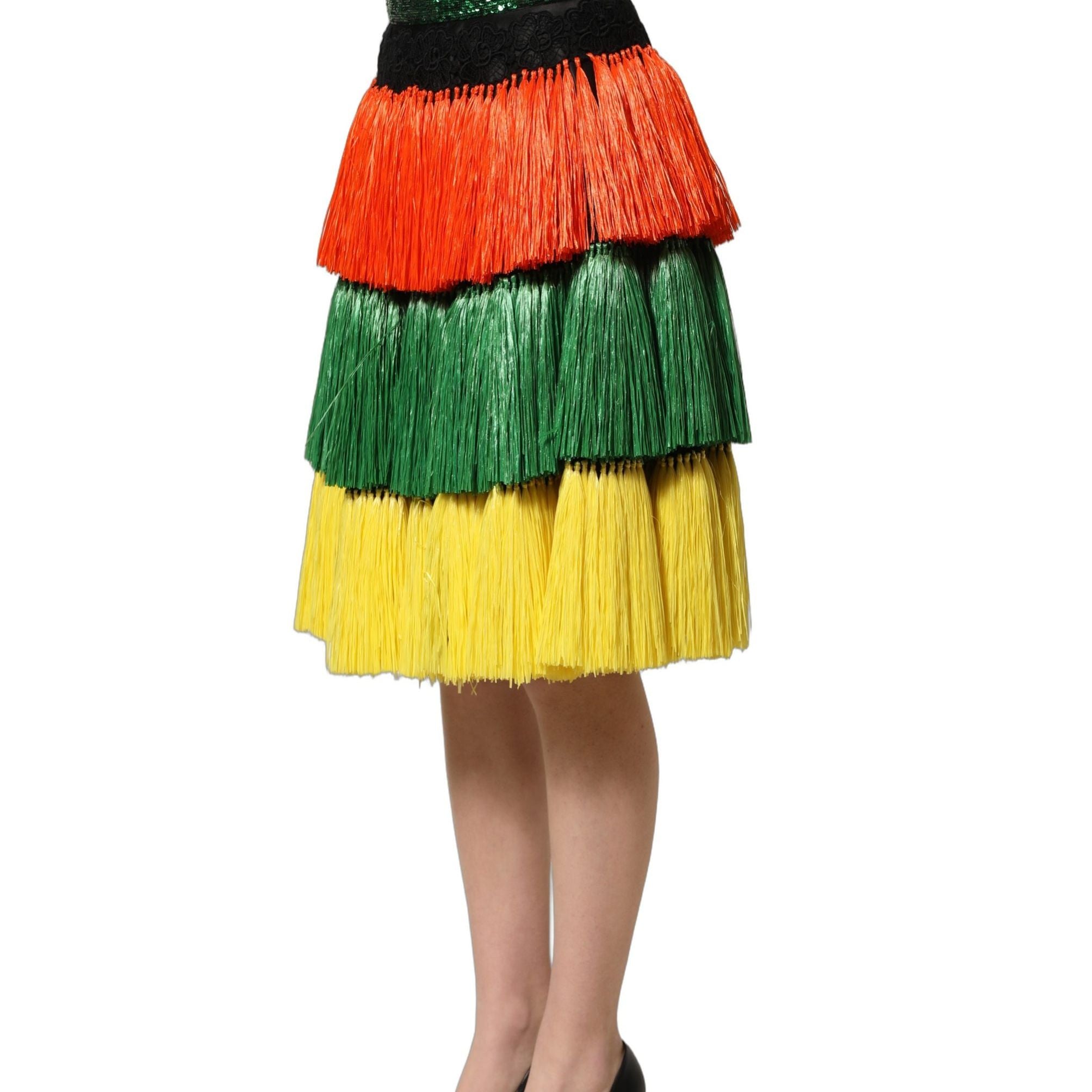 Dolce & Gabbana Multicolor Fringe Sequin High Waist Knee Length Skirt