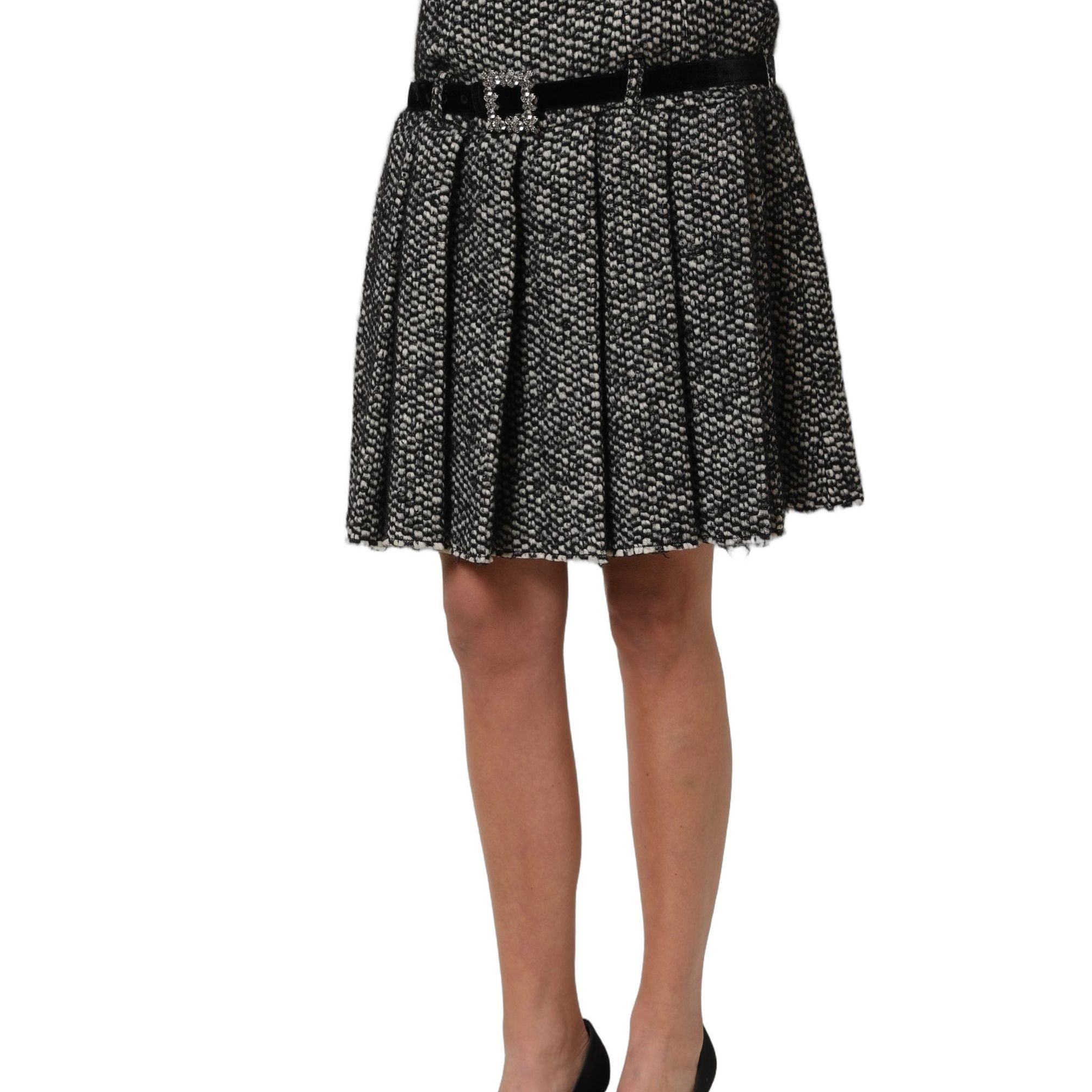 Dolce & Gabbana Black White Tweed High Waist Pleated Skirt