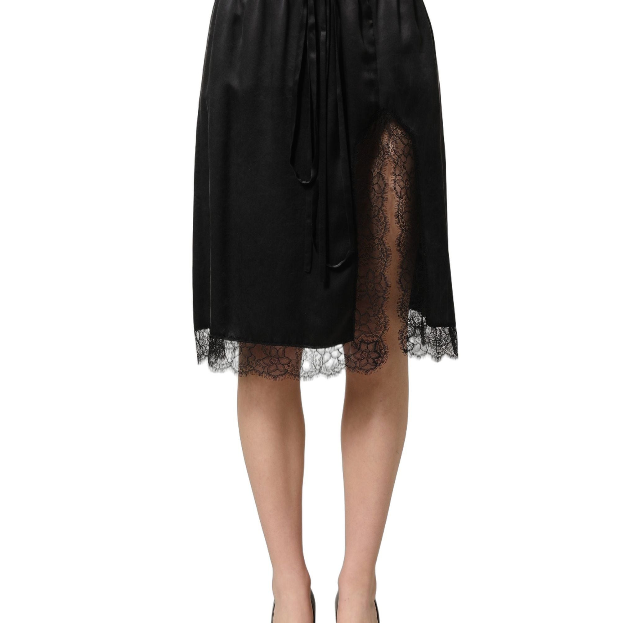 Dolce & Gabbana Black Lace Trimmed Satin Side Slit Skirt