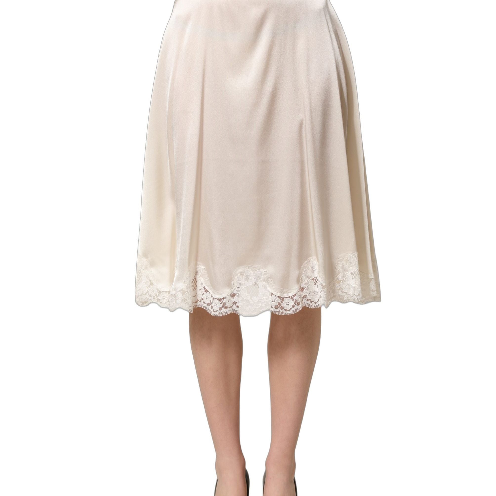 Dolce & Gabbana Off White Lace Trimmed Satin High Waist Skirt