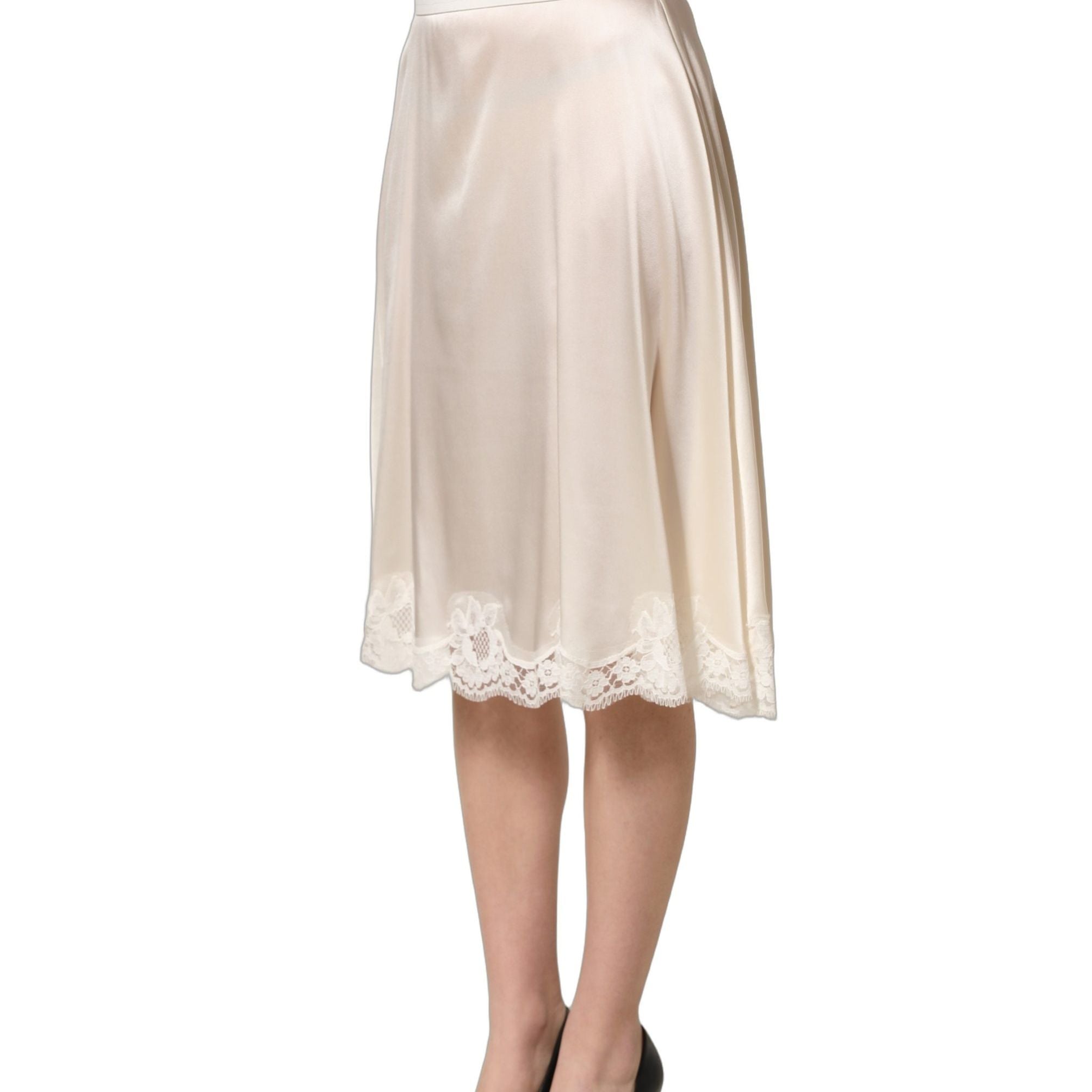 Dolce & Gabbana Off White Lace Trimmed Satin High Waist Skirt