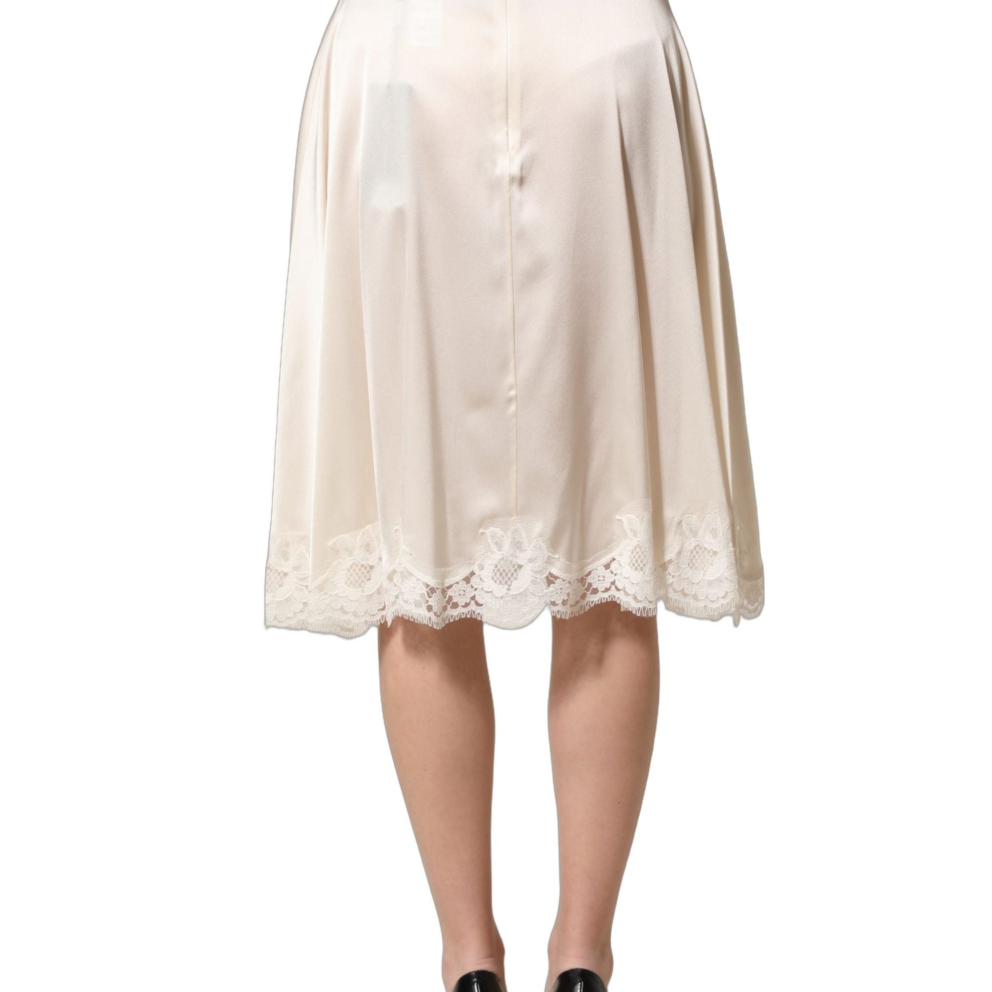 Dolce & Gabbana Off White Lace Trimmed Satin High Waist Skirt