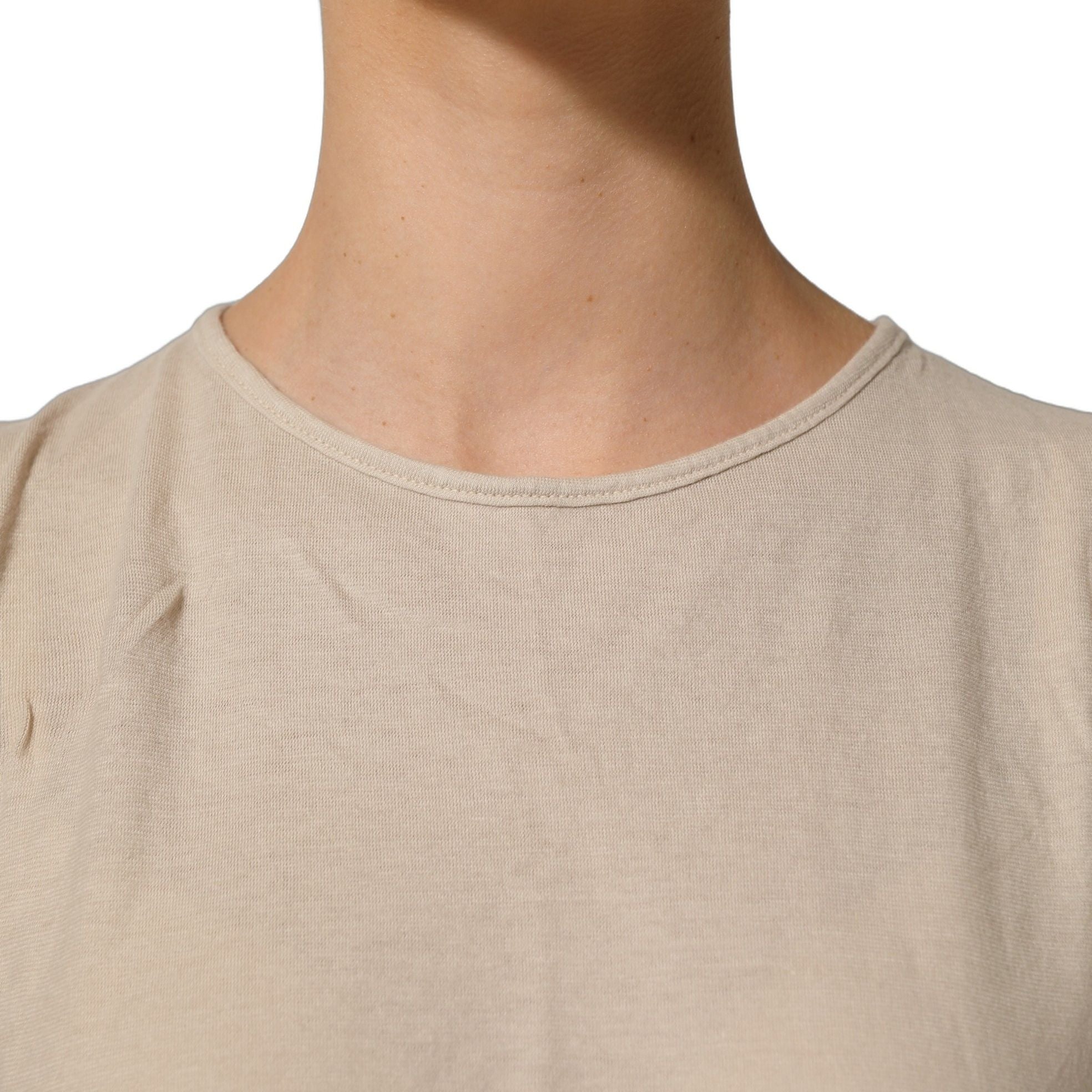 PINK MEMORIES Beige Cotton Lace Detailing Round Neck Top
