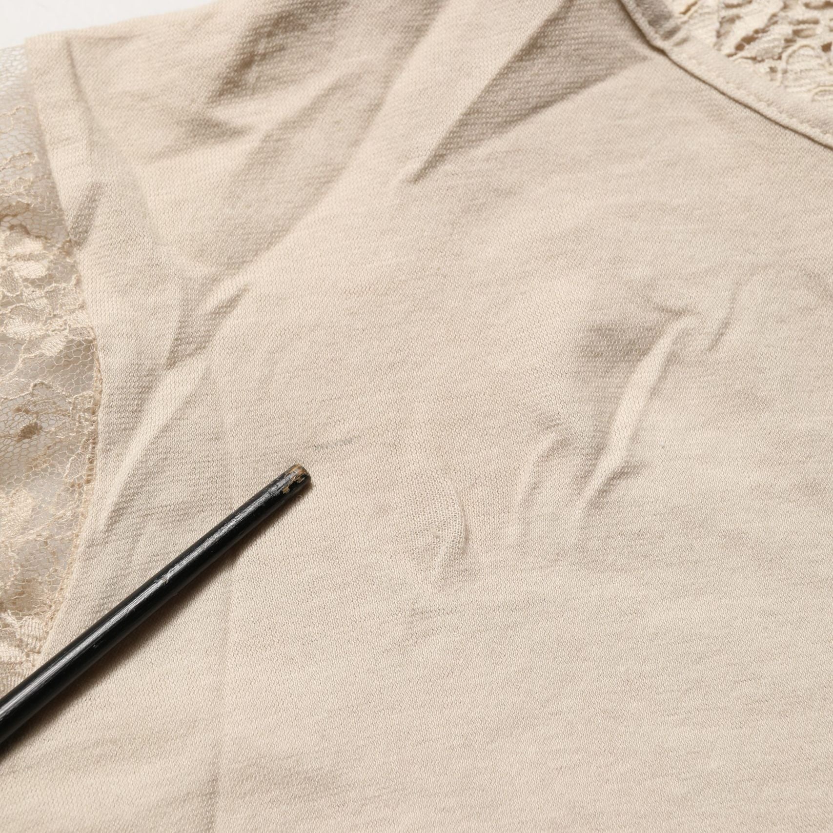 PINK MEMORIES Beige Cotton Lace Detailing Round Neck Top