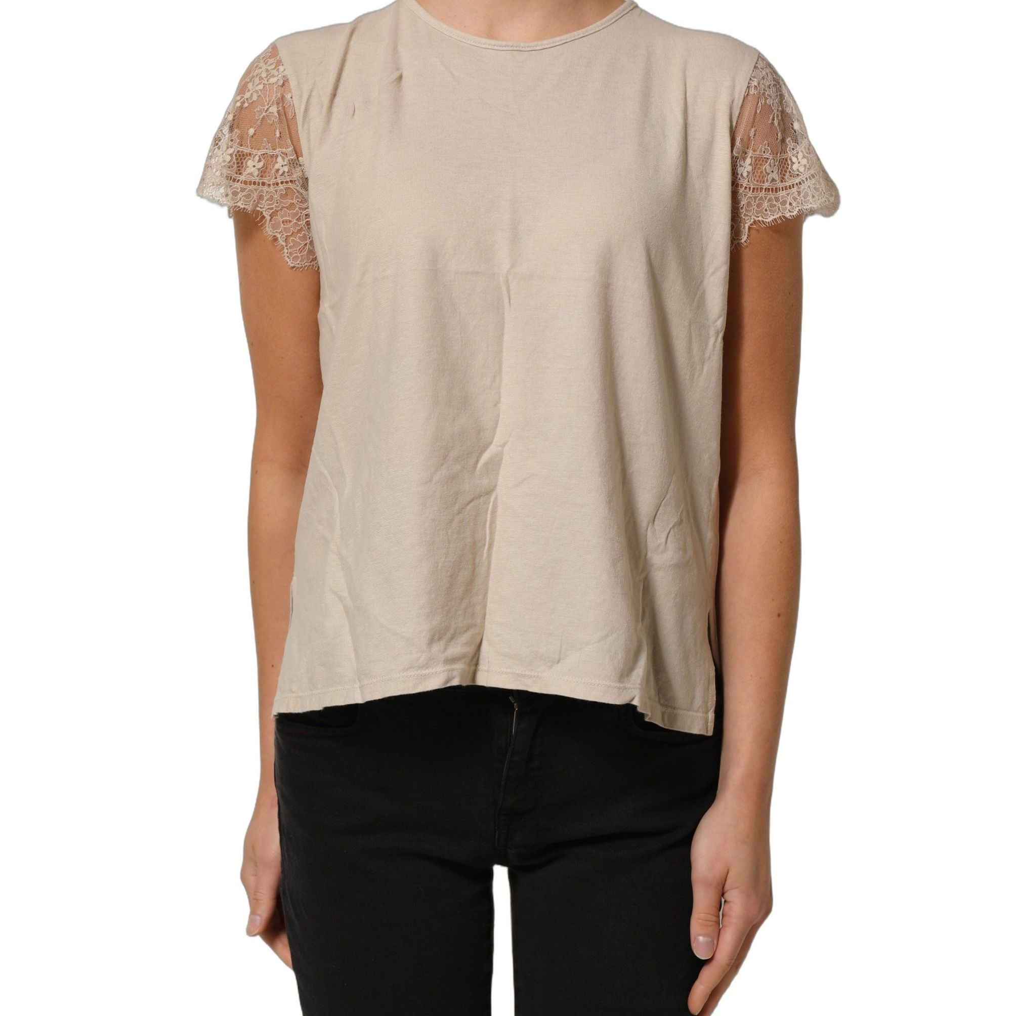 PINK MEMORIES Beige Cotton Lace Detailing Round Neck Top